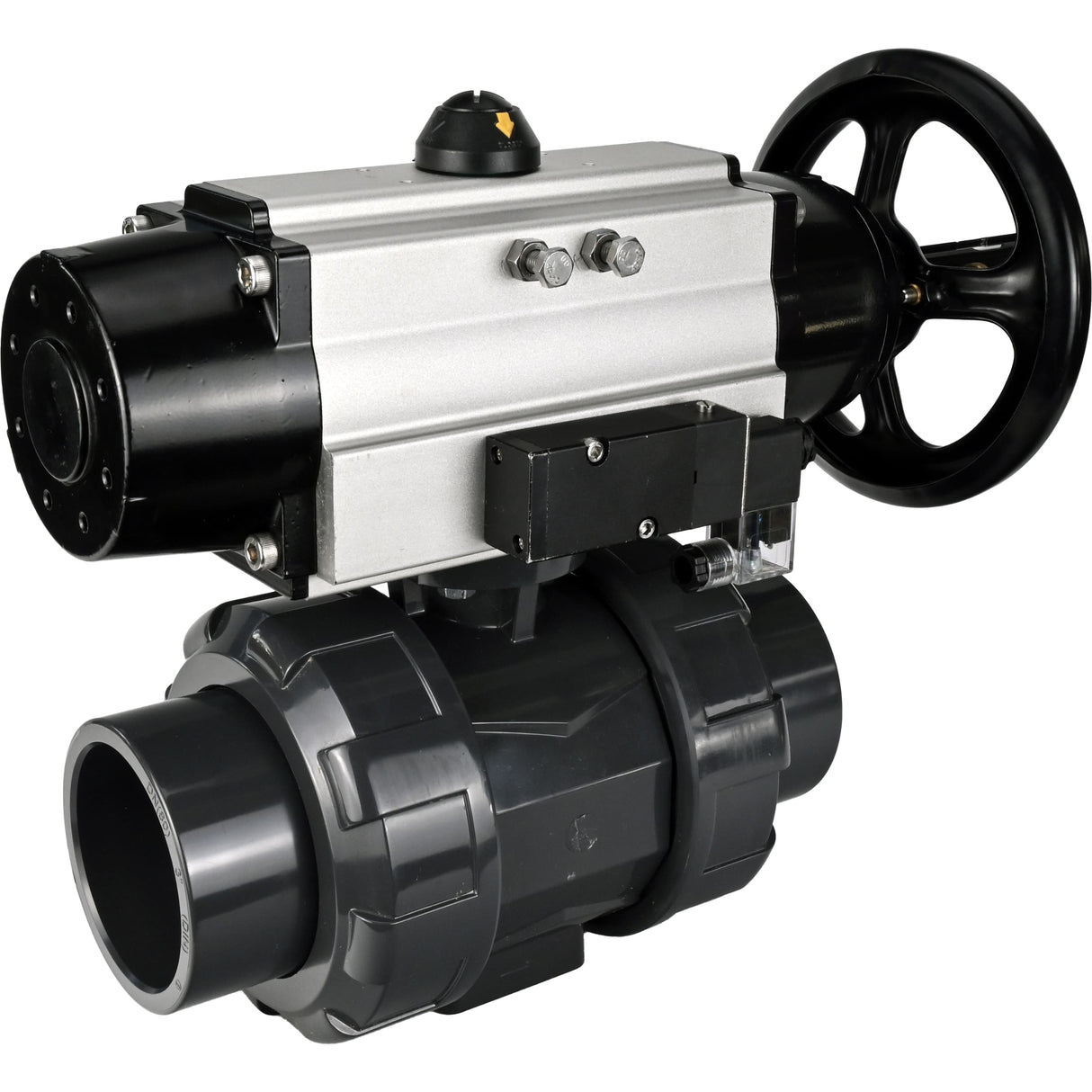 Ball valves Elephant BV4242E-FP-GRM-ISO, body material - UPVC, ball material - UPVC, seal - EPDM, with pneumatic actuator double action PA-DA-105-1 and pneumatic distributor 4M310-08 220V