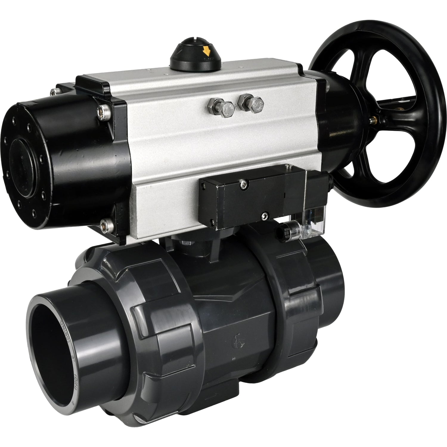 Ball valves Elephant BV4242E-FP-GRM-ISO, body material - UPVC, ball material - UPVC, seal - EPDM, with pneumatic actuator double action PA-DA-105-1 and pneumatic distributor 4M310-08 220V