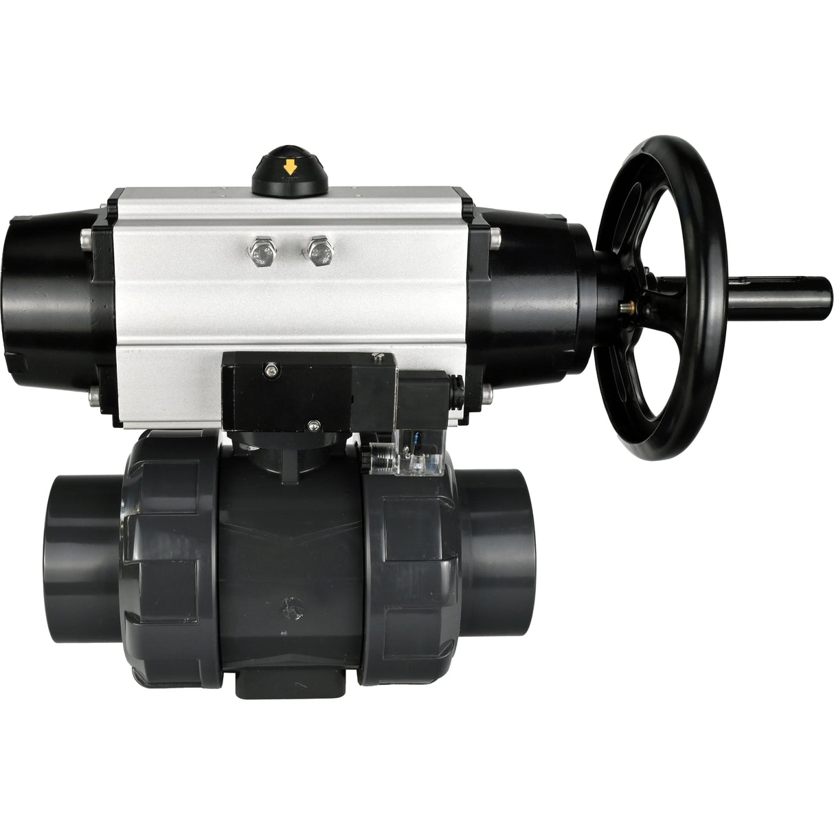 Ball valves Elephant BV4242E-FP-GRM-ISO, body material - UPVC, ball material - UPVC, seal - EPDM, with pneumatic actuator double action PA-DA-105-1 and pneumatic distributor 4M310-08 220V