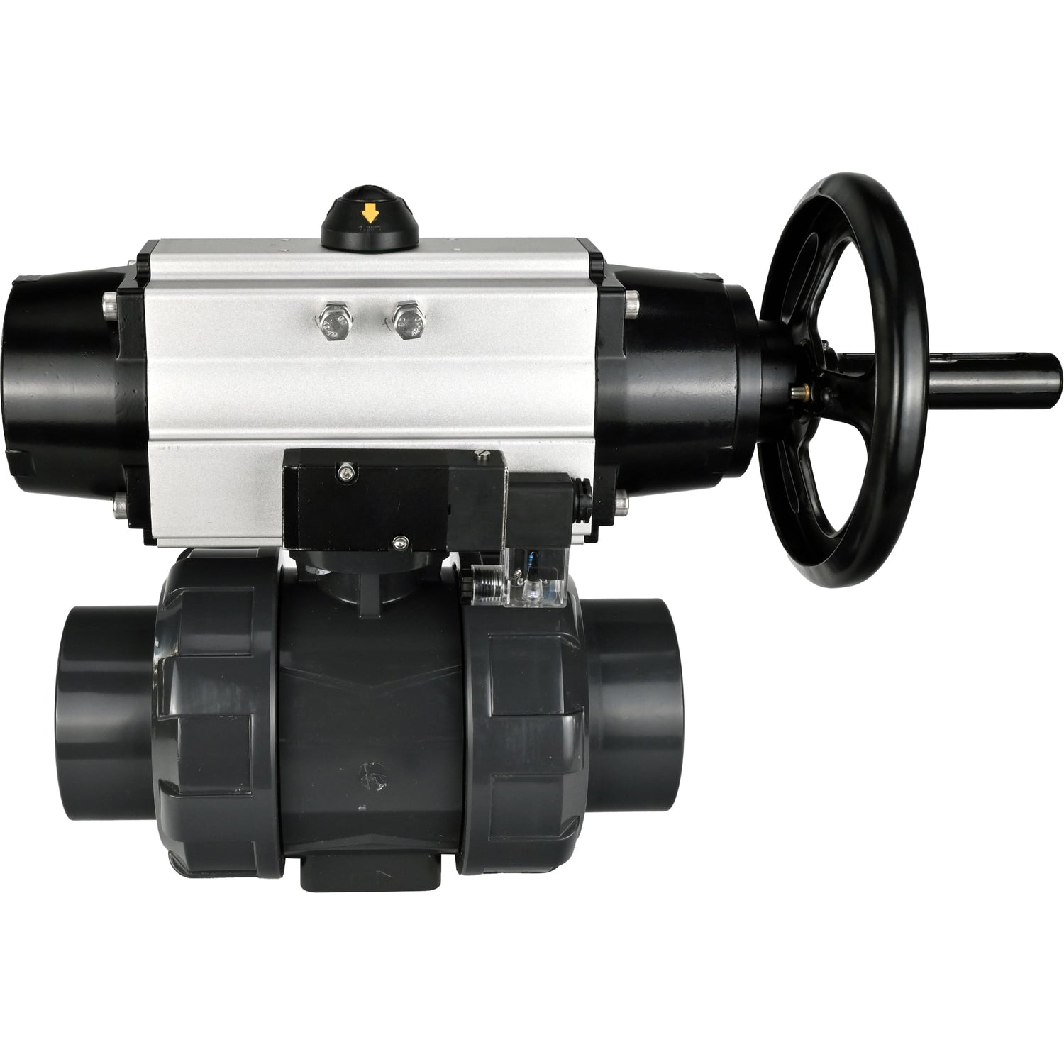 Ball valves Elephant BV4242E-FP-GRM-ISO, body material - UPVC, ball material - UPVC, seal - EPDM, with pneumatic actuator double action PA-DA-105-1 and pneumatic distributor 4M310-08 220V