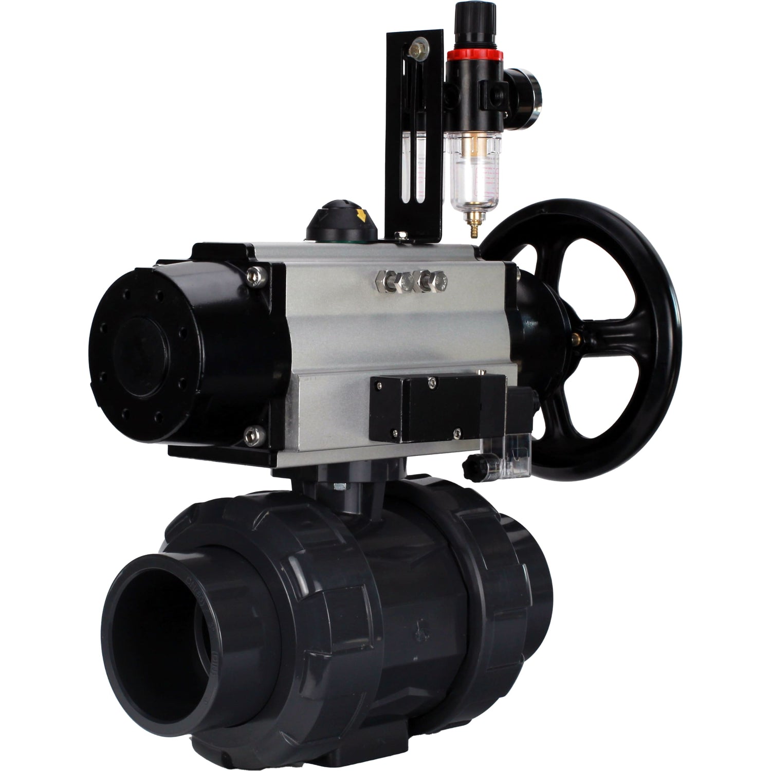 Ball valves Elephant BV4242E-FP-GRM-ISO, body material - UPVC, ball material - UPVC, seal - EPDM, with pneumatic actuator double action PA-DA-105-1, pneumatic distributor 4M310-08 24V and ATU AFC2000