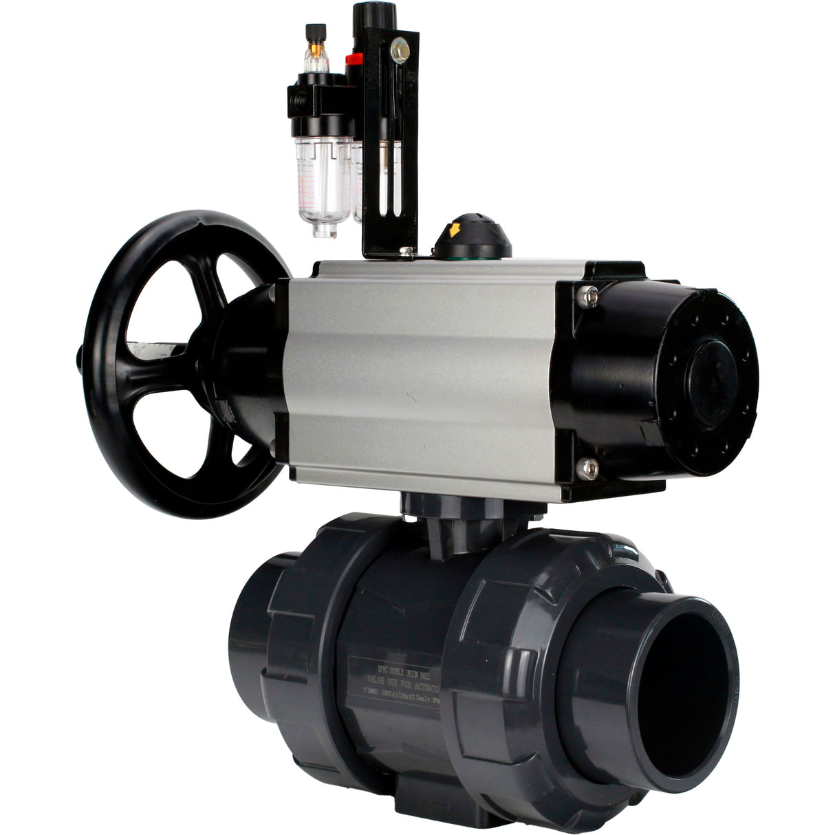 Ball valves Elephant BV4242E-FP-GRM-ISO, body material - UPVC, ball material - UPVC, seal - EPDM, with pneumatic actuator double action PA-DA-105-1, pneumatic distributor 4M310-08 24V and ATU AFC2000