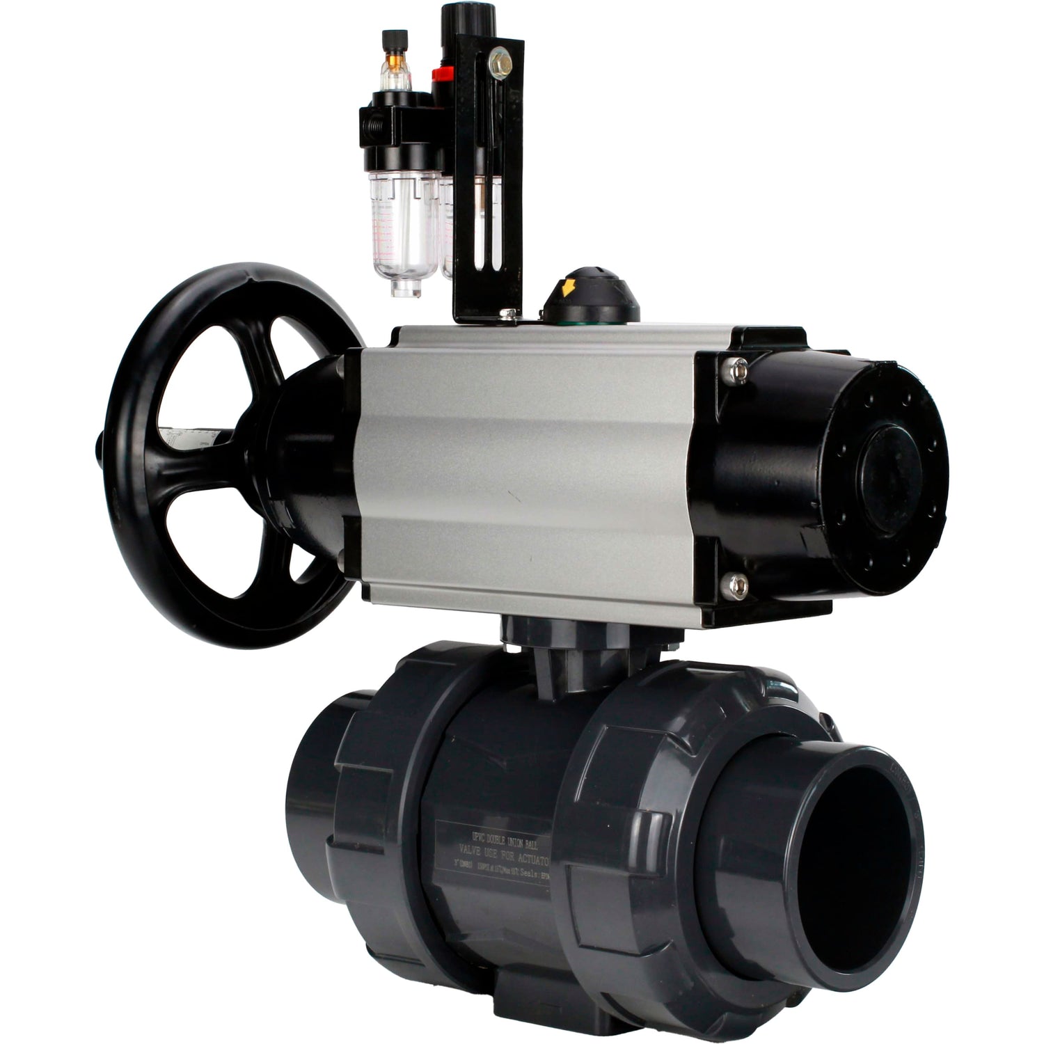 Ball valves Elephant BV4242E-FP-GRM-ISO, body material - UPVC, ball material - UPVC, seal - EPDM, with pneumatic actuator double action PA-DA-105-1, pneumatic distributor 4M310-08 24V and ATU AFC2000
