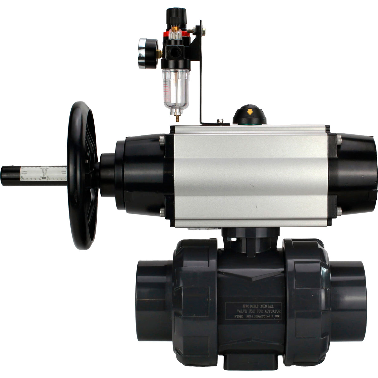 Ball valves Elephant BV4242E-FP-GRM-ISO, body material - UPVC, ball material - UPVC, seal - EPDM, with pneumatic actuator double action PA-DA-105-1, pneumatic distributor 4M310-08 24V and ATU AFC2000