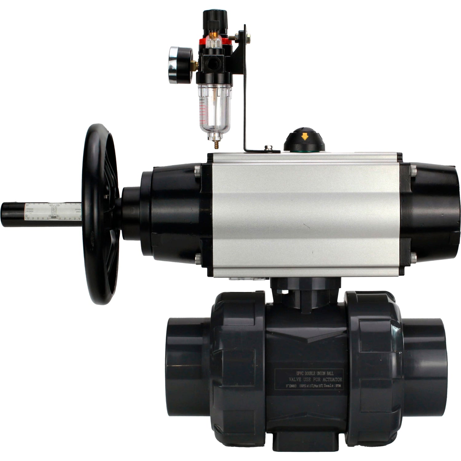 Ball valves Elephant BV4242E-FP-GRM-ISO, body material - UPVC, ball material - UPVC, seal - EPDM, with pneumatic actuator double action PA-DA-105-1, pneumatic distributor 4M310-08 24V and ATU AFC2000
