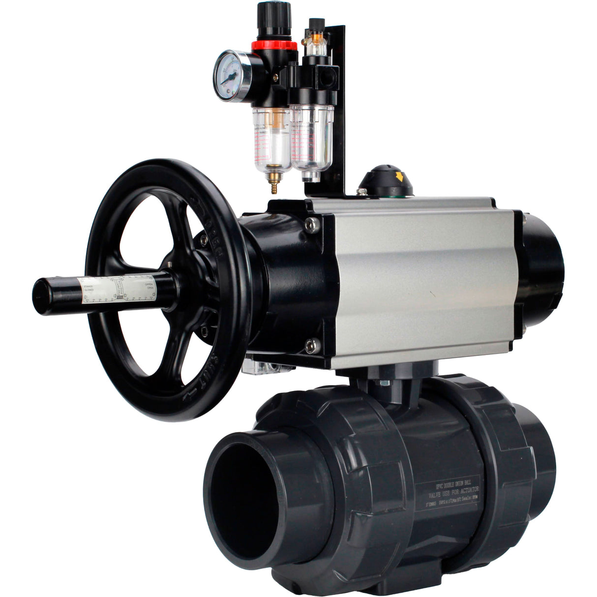 Ball valves Elephant BV4242E-FP-GRM-ISO, body material - UPVC, ball material - UPVC, seal - EPDM, with pneumatic actuator double action PA-DA-105-1, pneumatic distributor 4M310-08 24V and ATU AFC2000