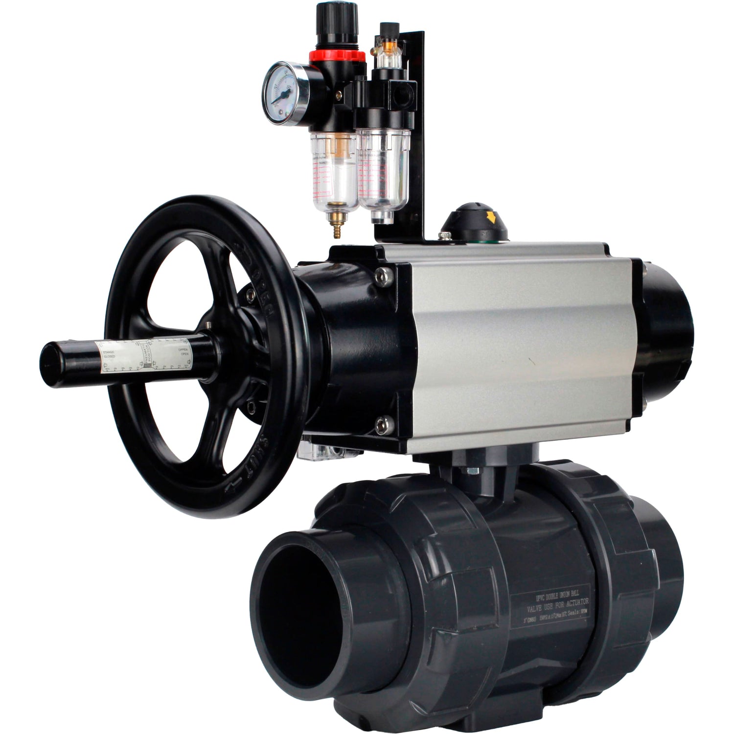 Ball valves Elephant BV4242E-FP-GRM-ISO, body material - UPVC, ball material - UPVC, seal - EPDM, with pneumatic actuator double action PA-DA-105-1, pneumatic distributor 4M310-08 24V and ATU AFC2000