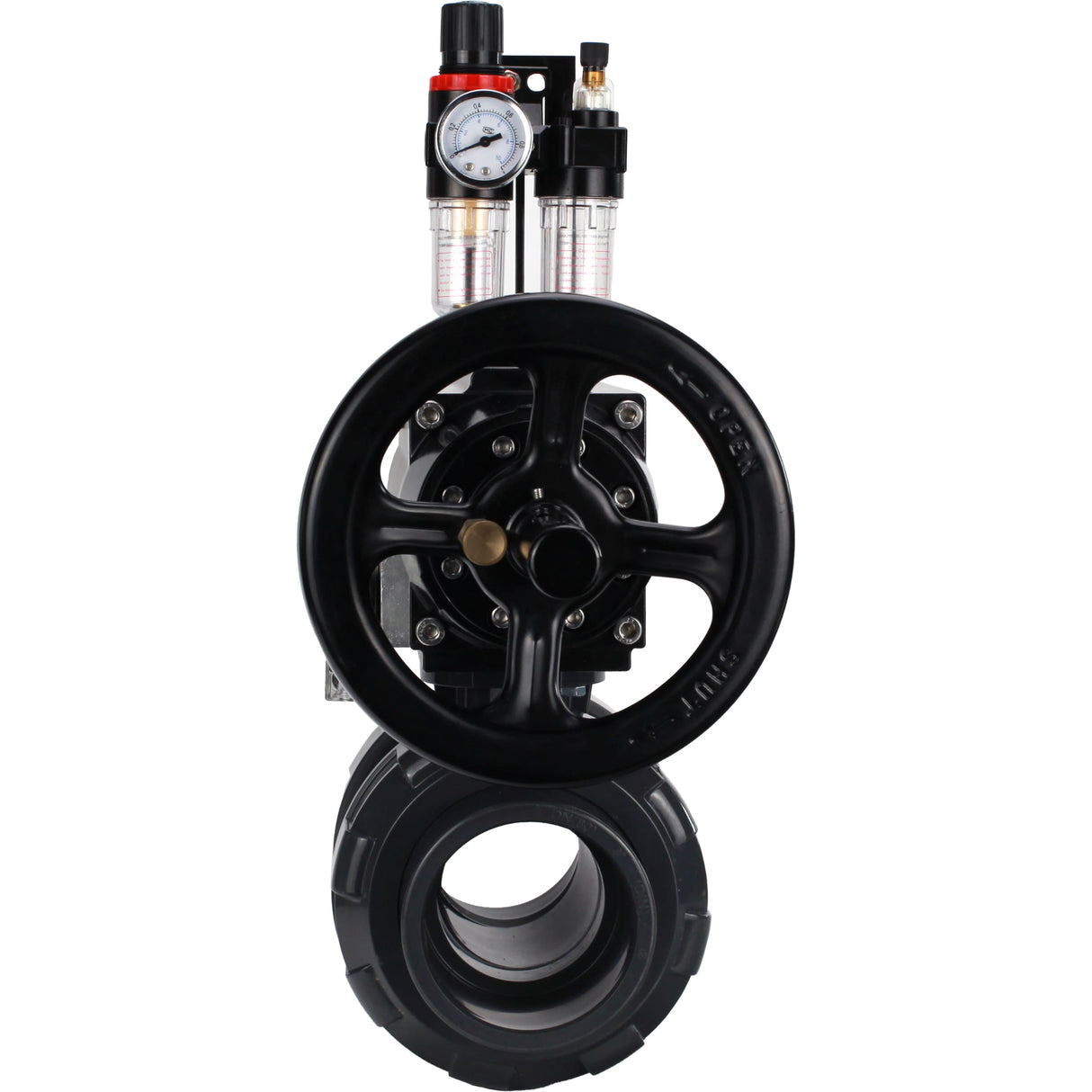 Ball valves Elephant BV4242E-FP-GRM-ISO, body material - UPVC, ball material - UPVC, seal - EPDM, with pneumatic actuator double action PA-DA-105-1, pneumatic distributor 4M310-08 24V and ATU AFC2000