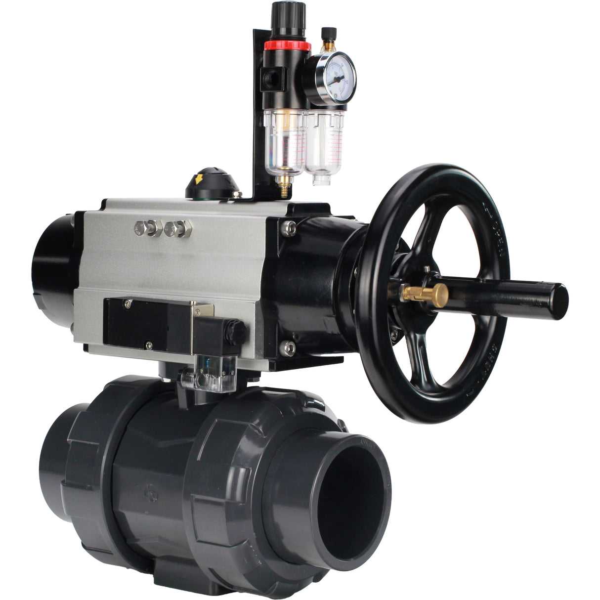 Ball valves Elephant BV4242E-FP-GRM-ISO, body material - UPVC, ball material - UPVC, seal - EPDM, with pneumatic actuator double action PA-DA-105-1, pneumatic distributor 4M310-08 24V and ATU AFC2000