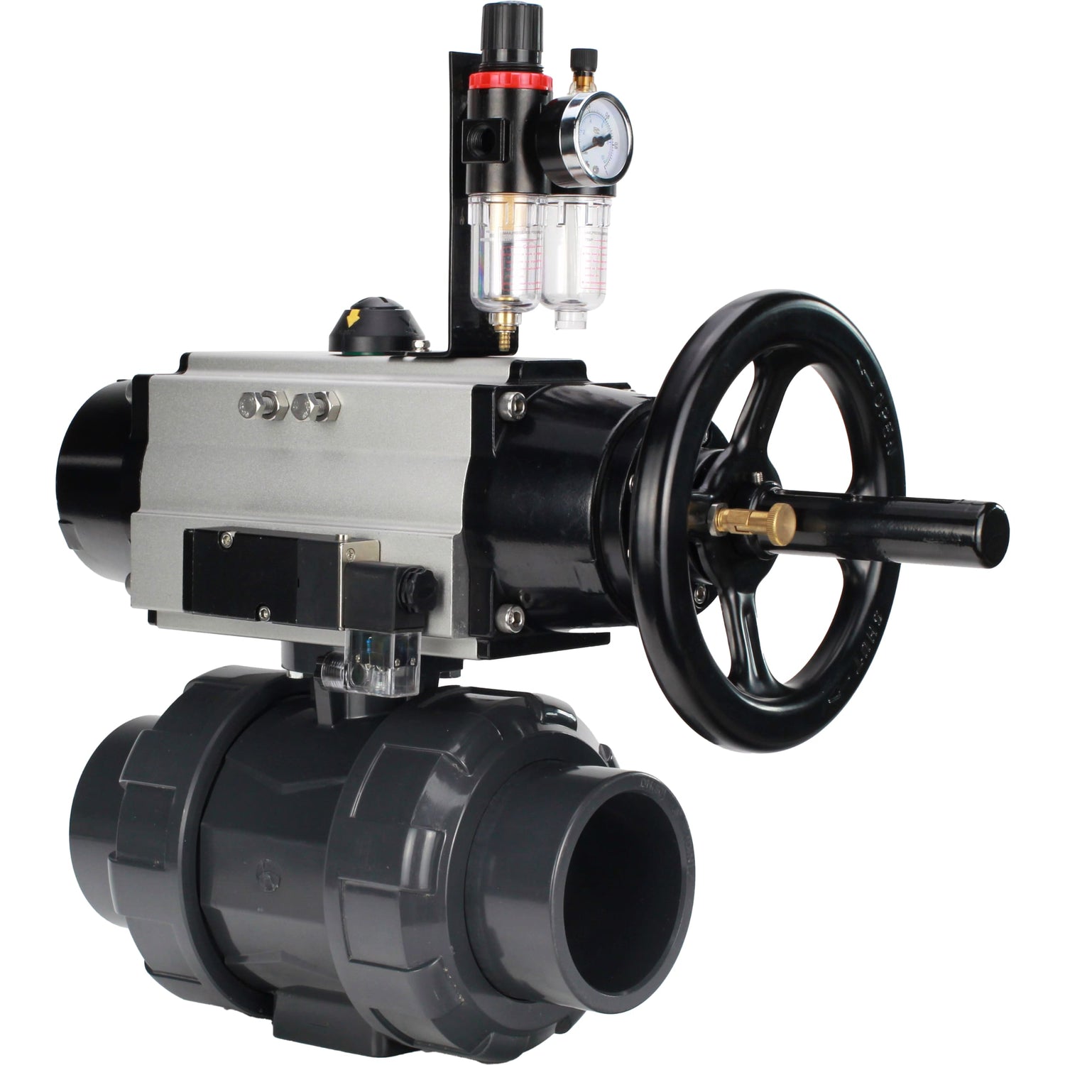 Ball valves Elephant BV4242E-FP-GRM-ISO, body material - UPVC, ball material - UPVC, seal - EPDM, with pneumatic actuator double action PA-DA-105-1, pneumatic distributor 4M310-08 24V and ATU AFC2000