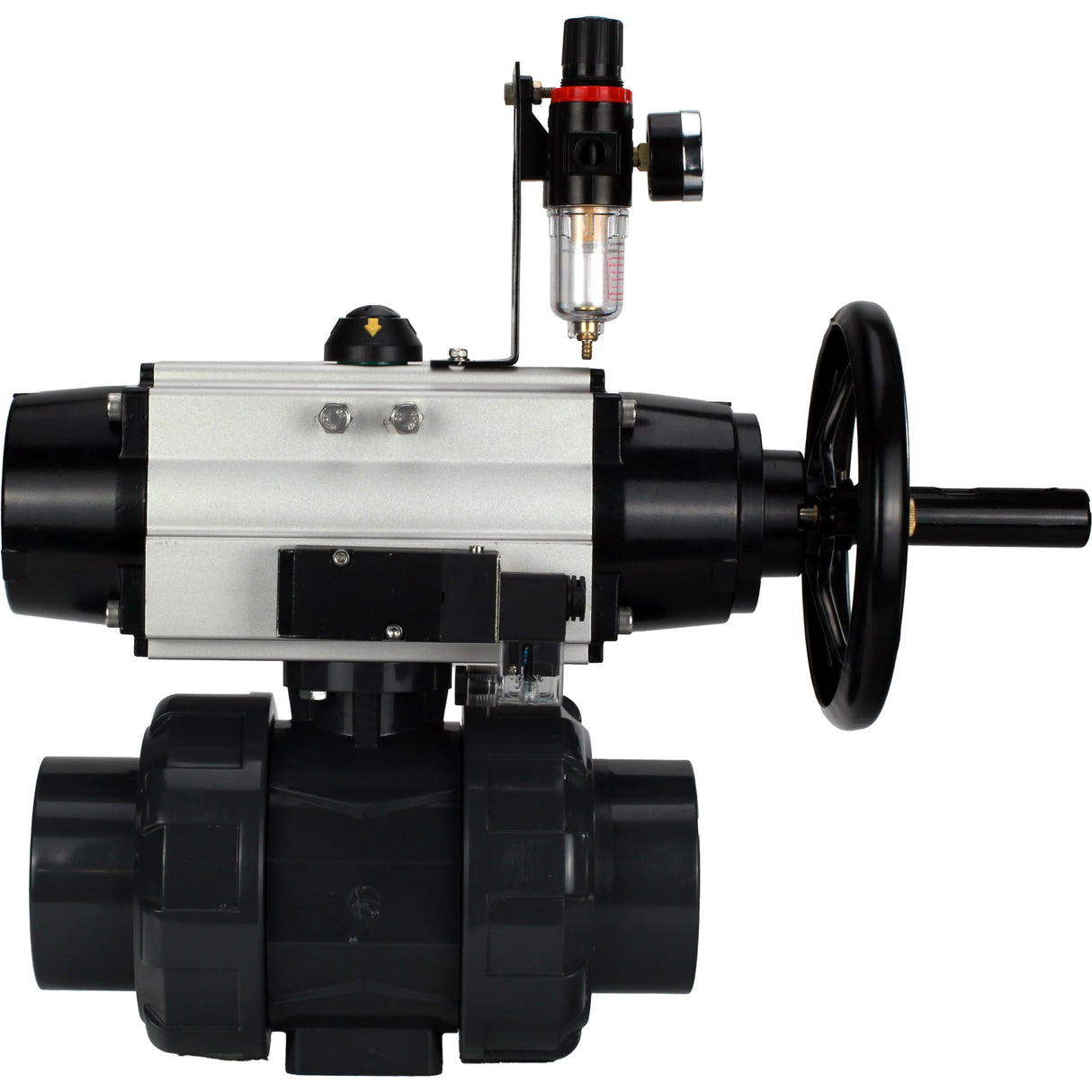 Ball valves Elephant BV4242E-FP-GRM-ISO, body material - UPVC, ball material - UPVC, seal - EPDM, with pneumatic actuator double action PA-DA-105-1, pneumatic distributor 4M310-08 24V and ATU AFC2000