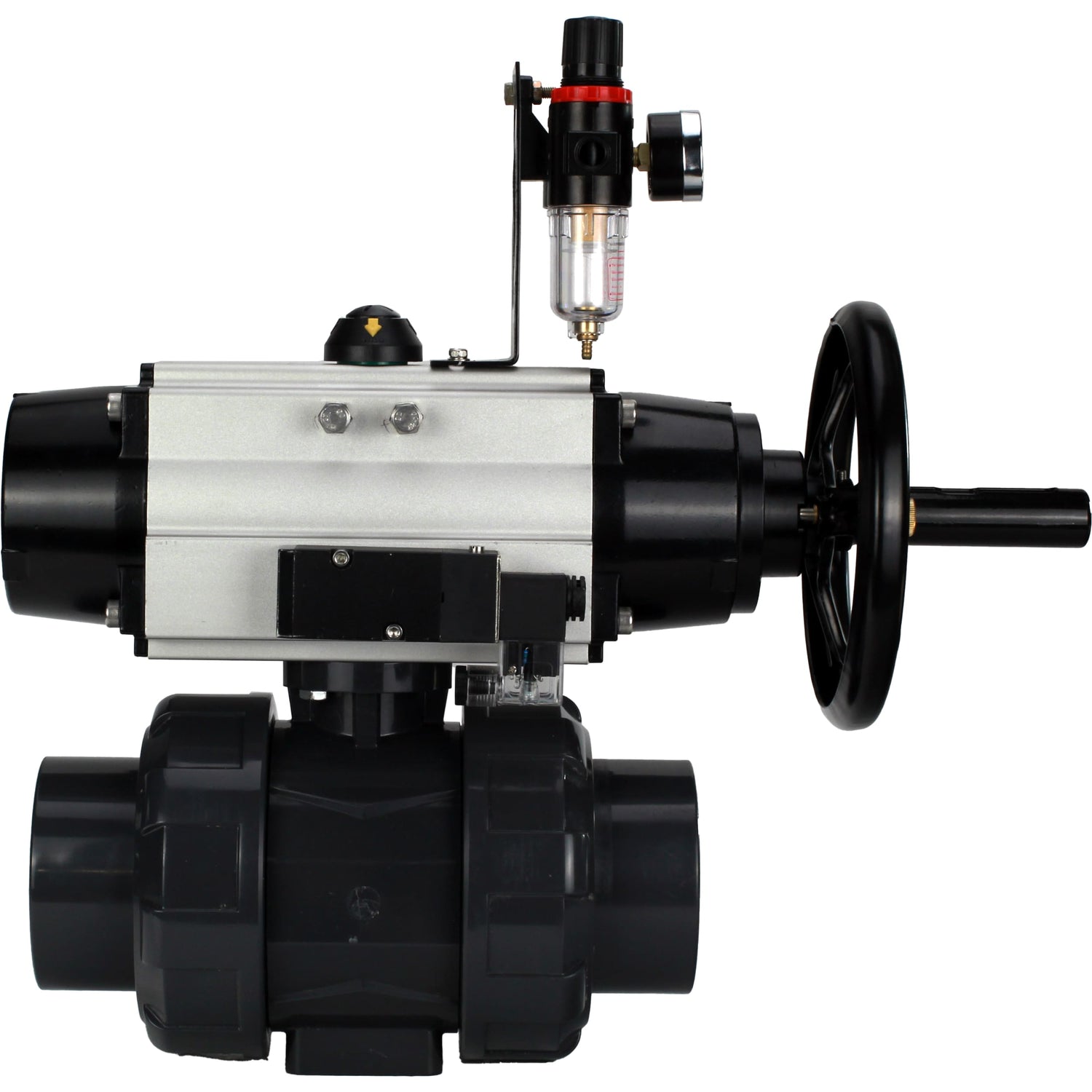 Ball valves Elephant BV4242E-FP-GRM-ISO, body material - UPVC, ball material - UPVC, seal - EPDM, with pneumatic actuator double action PA-DA-105-1, pneumatic distributor 4M310-08 24V and ATU AFC2000