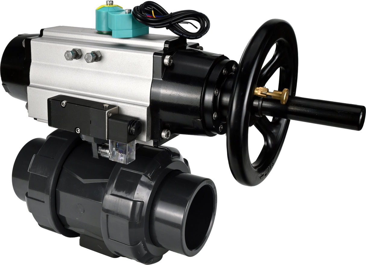 Ball valves Elephant BV4242E-FP-GRM-ISO, body material - UPVC, ball material - UPVC, seal - EPDM, with pneumatic actuator double action PA-DA-105-1, pneumatic distributor 4M310-08 24V and magnetic switch ALS200D