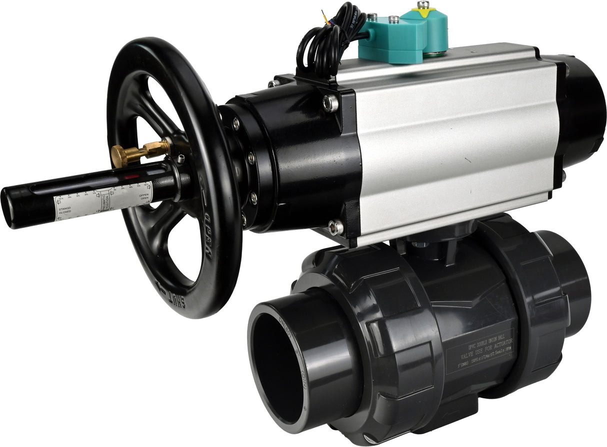 Ball valves Elephant BV4242E-FP-GRM-ISO, body material - UPVC, ball material - UPVC, seal - EPDM, with pneumatic actuator double action PA-DA-105-1, pneumatic distributor 4M310-08 24V and magnetic switch ALS200D