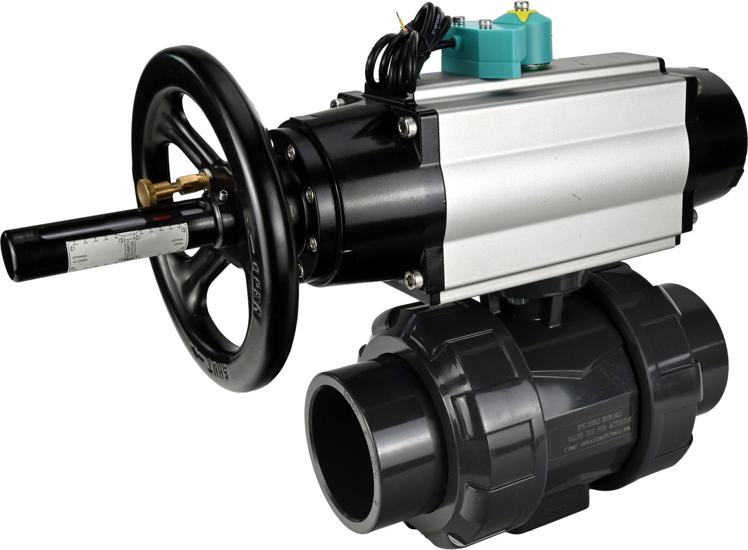 Ball valves Elephant BV4242E-FP-GRM-ISO, body material - UPVC, ball material - UPVC, seal - EPDM, with pneumatic actuator double action PA-DA-105-1, pneumatic distributor 4M310-08 24V and magnetic switch ALS200D