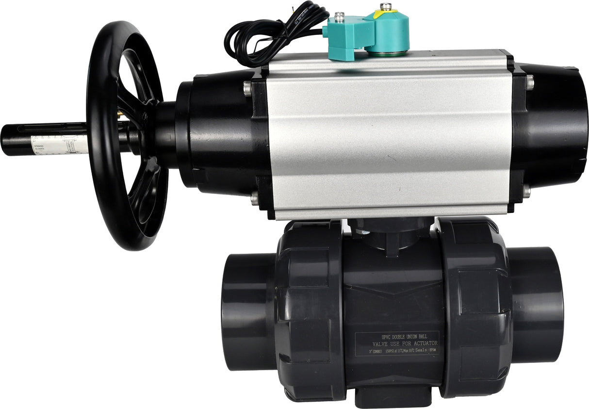 Ball valves Elephant BV4242E-FP-GRM-ISO, body material - UPVC, ball material - UPVC, seal - EPDM, with pneumatic actuator double action PA-DA-105-1, pneumatic distributor 4M310-08 24V and magnetic switch ALS200D