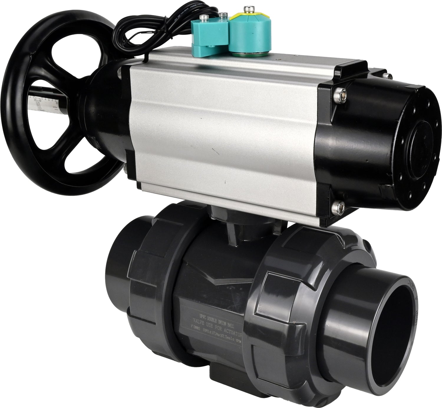 Ball valves Elephant BV4242E-FP-GRM-ISO, body material - UPVC, ball material - UPVC, seal - EPDM, with pneumatic actuator double action PA-DA-105-1, pneumatic distributor 4M310-08 24V and magnetic switch ALS200D