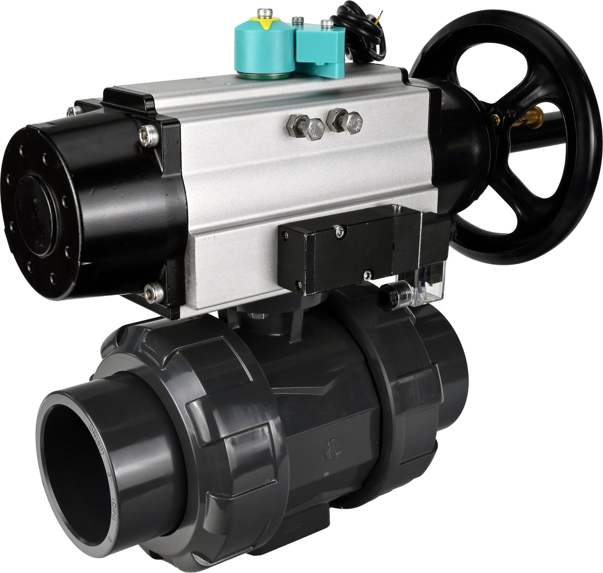Ball valves Elephant BV4242E-FP-GRM-ISO, body material - UPVC, ball material - UPVC, seal - EPDM, with pneumatic actuator double action PA-DA-105-1, pneumatic distributor 4M310-08 24V and magnetic switch ALS200D