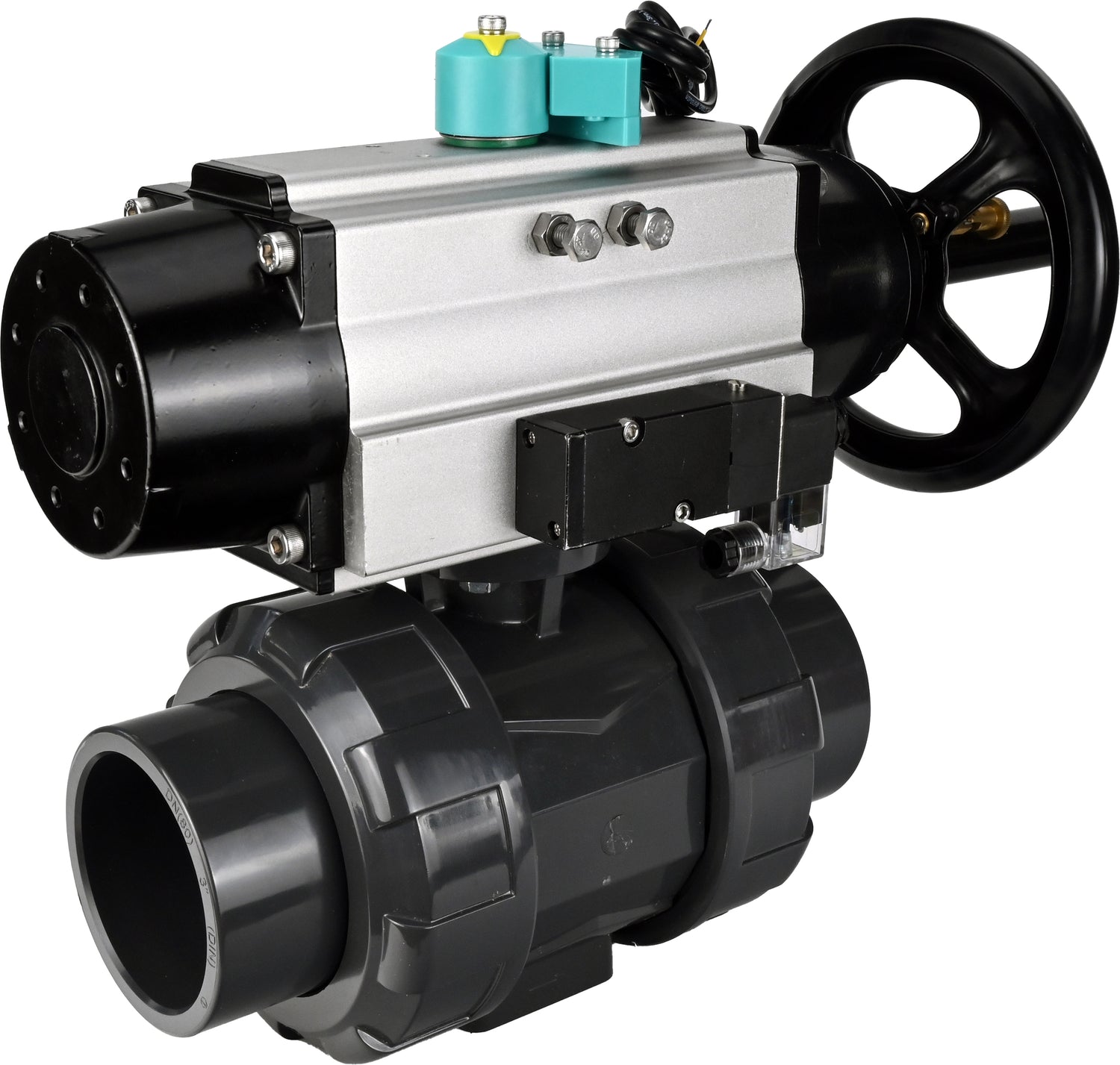 Ball valves Elephant BV4242E-FP-GRM-ISO, body material - UPVC, ball material - UPVC, seal - EPDM, with pneumatic actuator double action PA-DA-105-1, pneumatic distributor 4M310-08 24V and magnetic switch ALS200D