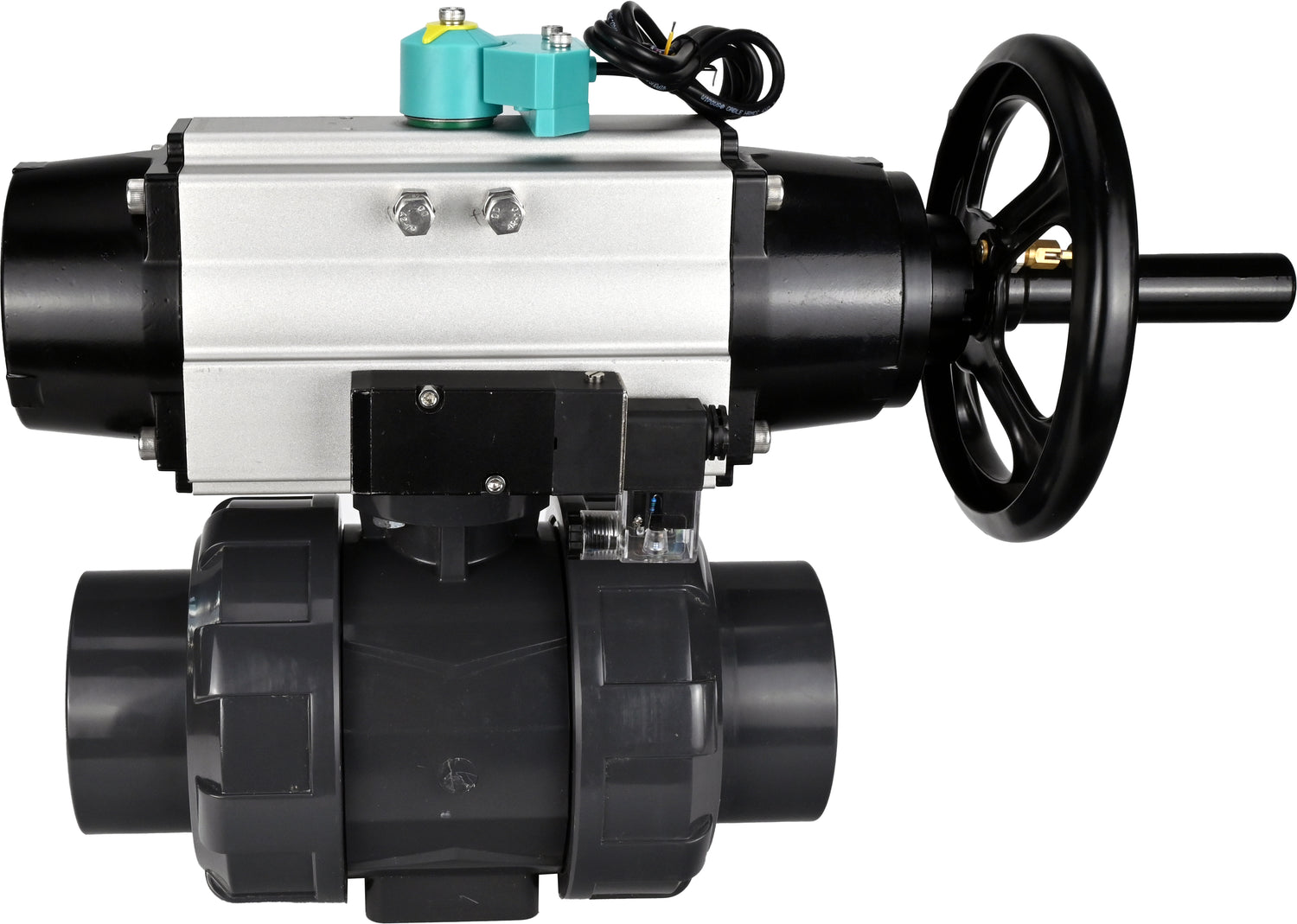 Ball valves Elephant BV4242E-FP-GRM-ISO, body material - UPVC, ball material - UPVC, seal - EPDM, with pneumatic actuator double action PA-DA-105-1, pneumatic distributor 4M310-08 24V and magnetic switch ALS200D