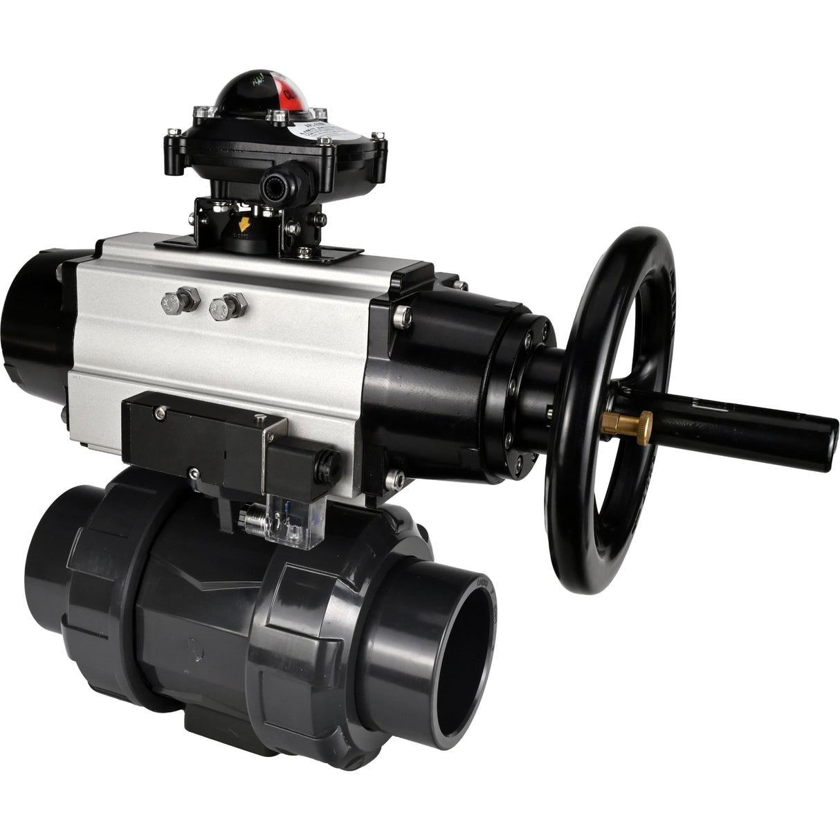 Ball valves Elephant BV4242E-FP-GRM-ISO, body material - UPVC, ball material - UPVC, seal - EPDM, with pneumatic actuator double action PA-DA-105-1, pneumatic distributor 4M310-08 24V and LSU APL-210N