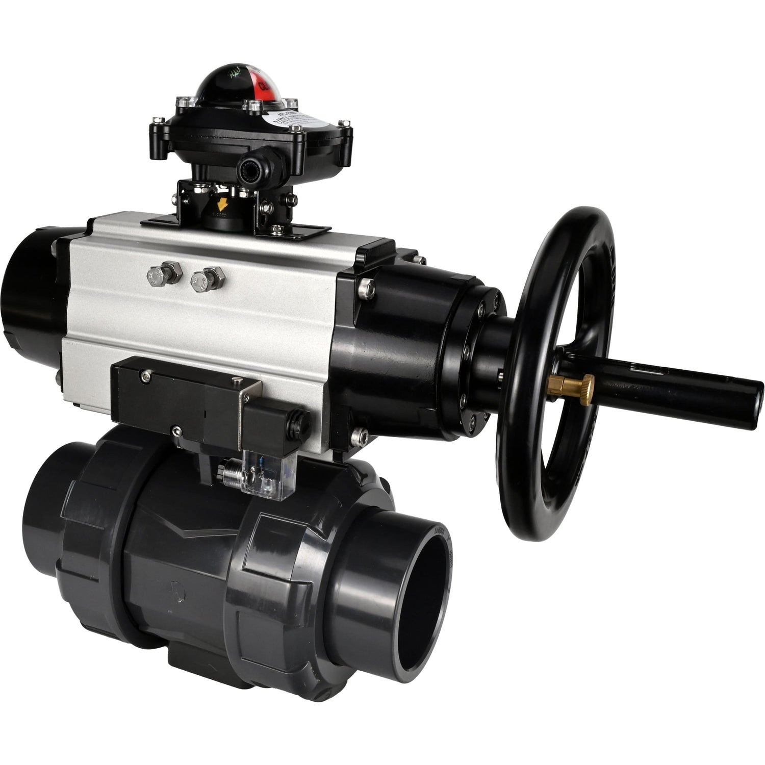 Ball valves Elephant BV4242E-FP-GRM-ISO, body material - UPVC, ball material - UPVC, seal - EPDM, with pneumatic actuator double action PA-DA-105-1, pneumatic distributor 4M310-08 24V and LSU APL-210N