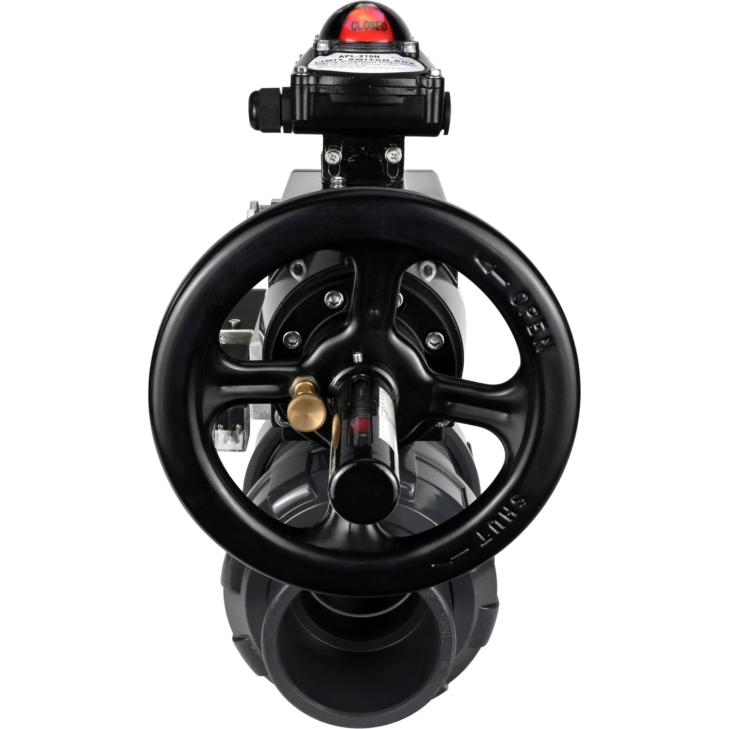 Ball valves Elephant BV4242E-FP-GRM-ISO, body material - UPVC, ball material - UPVC, seal - EPDM, with pneumatic actuator double action PA-DA-105-1, pneumatic distributor 4M310-08 24V and LSU APL-210N