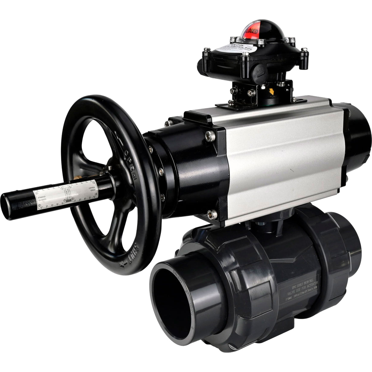 Ball valves Elephant BV4242E-FP-GRM-ISO, body material - UPVC, ball material - UPVC, seal - EPDM, with pneumatic actuator double action PA-DA-105-1, pneumatic distributor 4M310-08 24V and LSU APL-210N