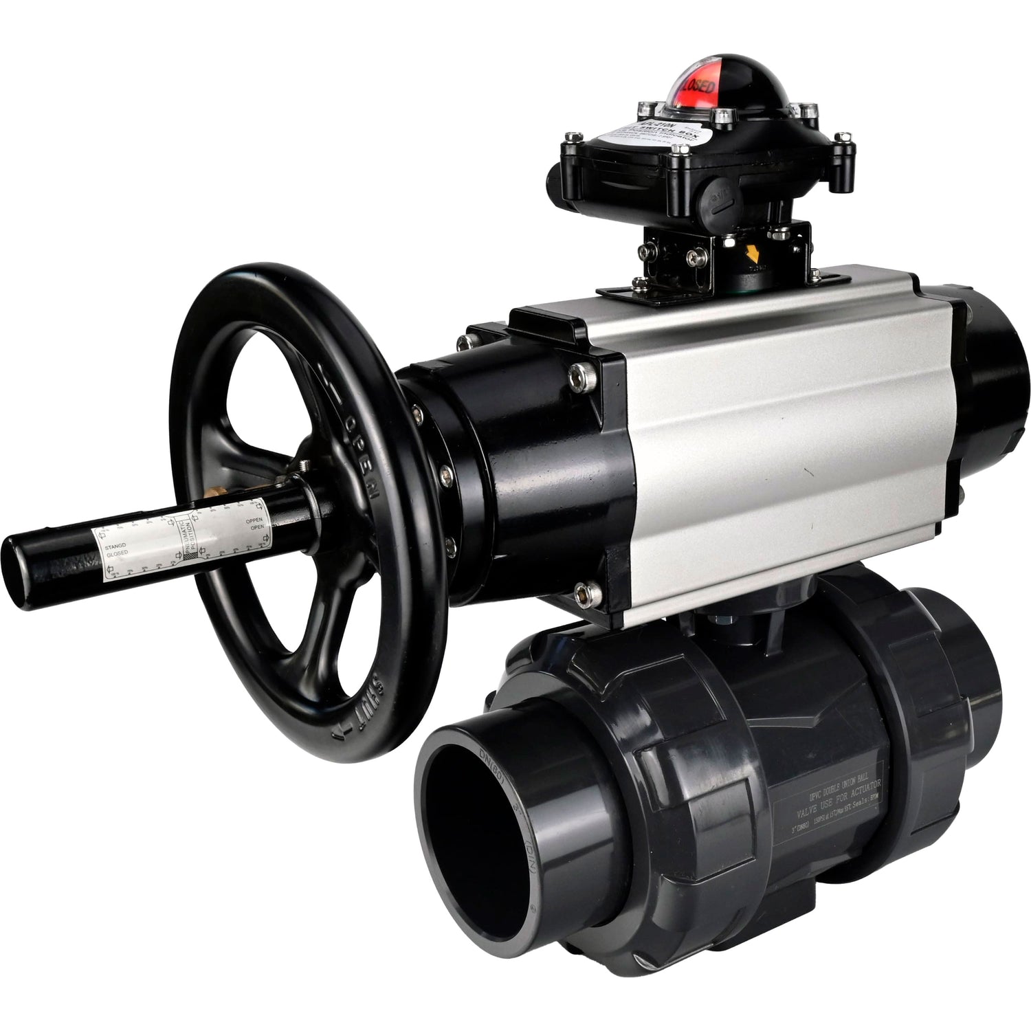 Ball valves Elephant BV4242E-FP-GRM-ISO, body material - UPVC, ball material - UPVC, seal - EPDM, with pneumatic actuator double action PA-DA-105-1, pneumatic distributor 4M310-08 24V and LSU APL-210N