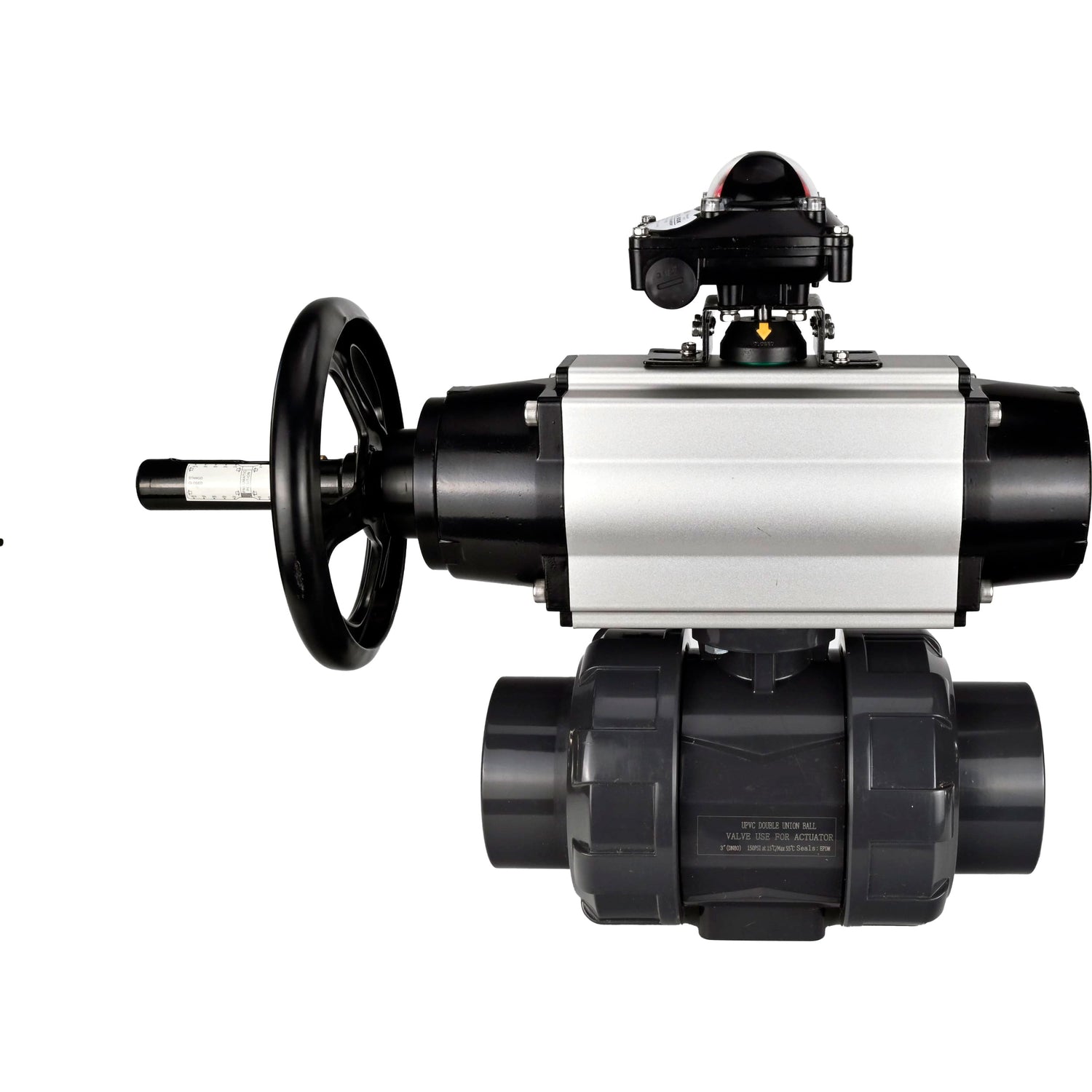Ball valves Elephant BV4242E-FP-GRM-ISO, body material - UPVC, ball material - UPVC, seal - EPDM, with pneumatic actuator double action PA-DA-105-1, pneumatic distributor 4M310-08 24V and LSU APL-210N