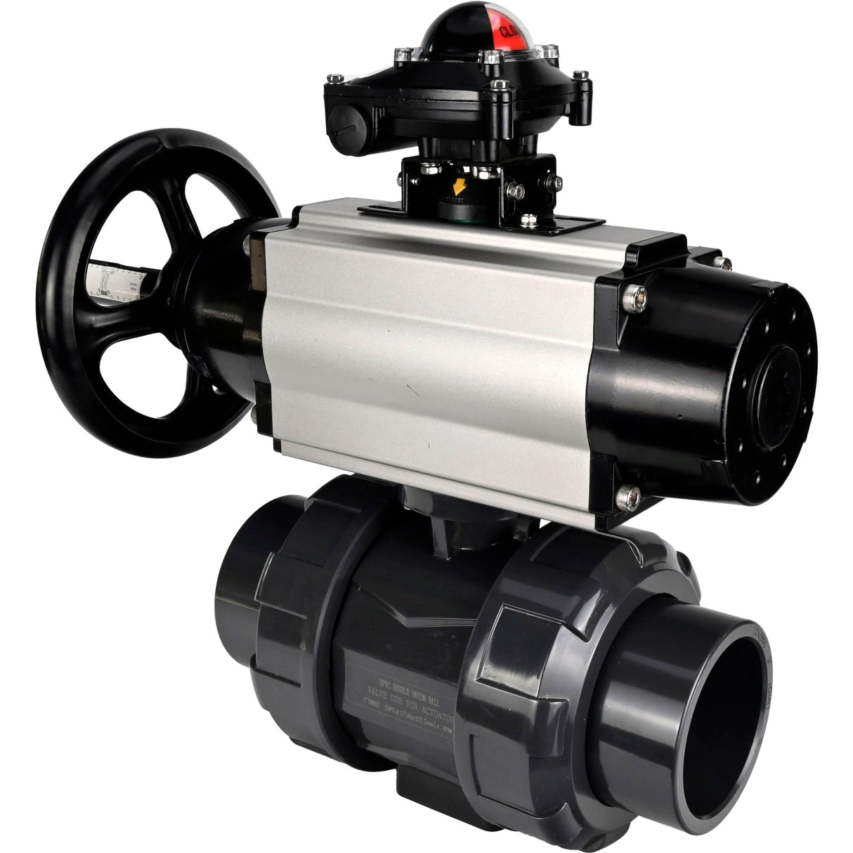 Ball valves Elephant BV4242E-FP-GRM-ISO, body material - UPVC, ball material - UPVC, seal - EPDM, with pneumatic actuator double action PA-DA-105-1, pneumatic distributor 4M310-08 24V and LSU APL-210N
