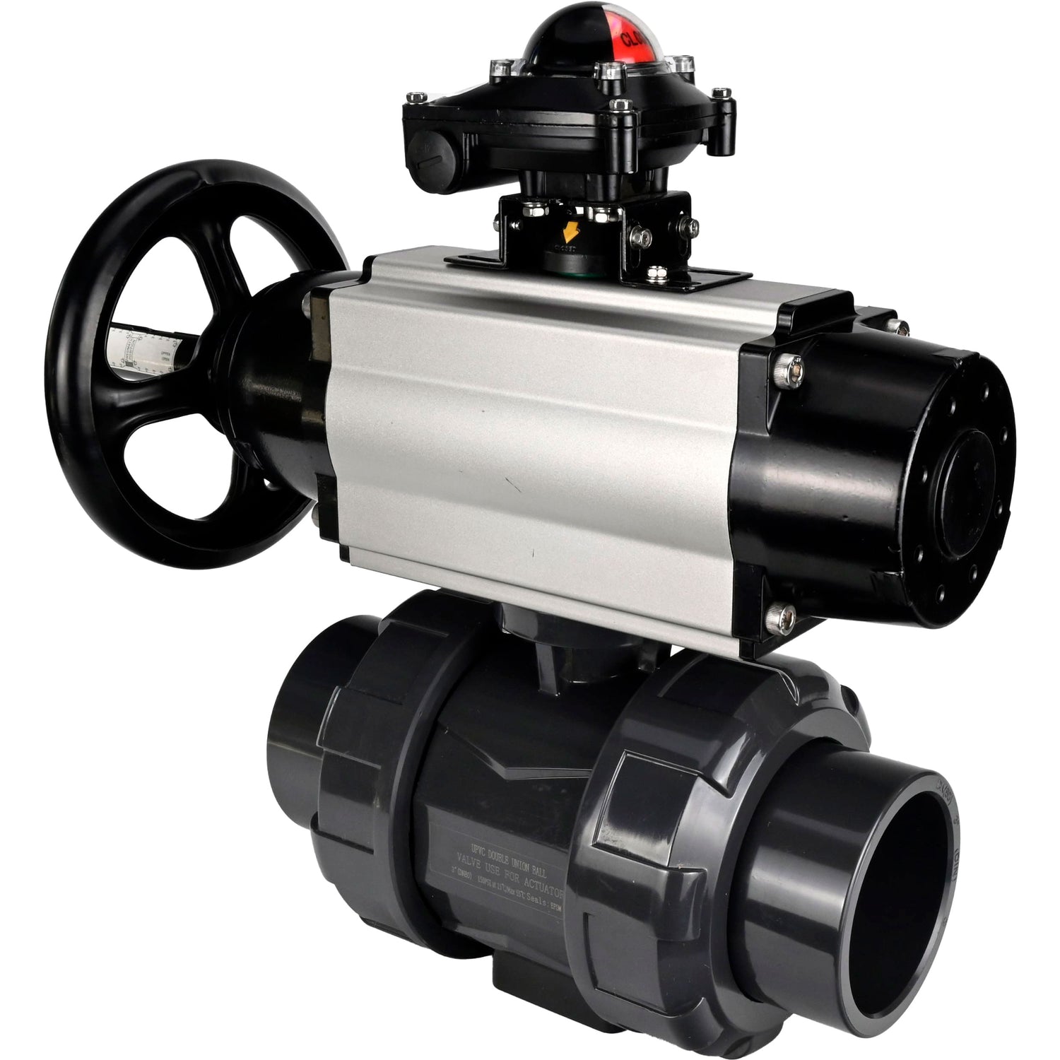 Ball valves Elephant BV4242E-FP-GRM-ISO, body material - UPVC, ball material - UPVC, seal - EPDM, with pneumatic actuator double action PA-DA-105-1, pneumatic distributor 4M310-08 24V and LSU APL-210N