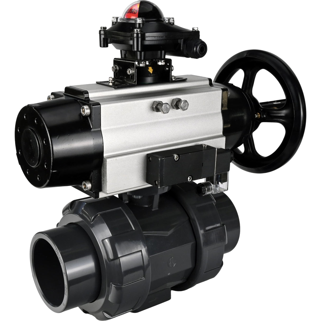 Ball valves Elephant BV4242E-FP-GRM-ISO, body material - UPVC, ball material - UPVC, seal - EPDM, with pneumatic actuator double action PA-DA-105-1, pneumatic distributor 4M310-08 24V and LSU APL-210N
