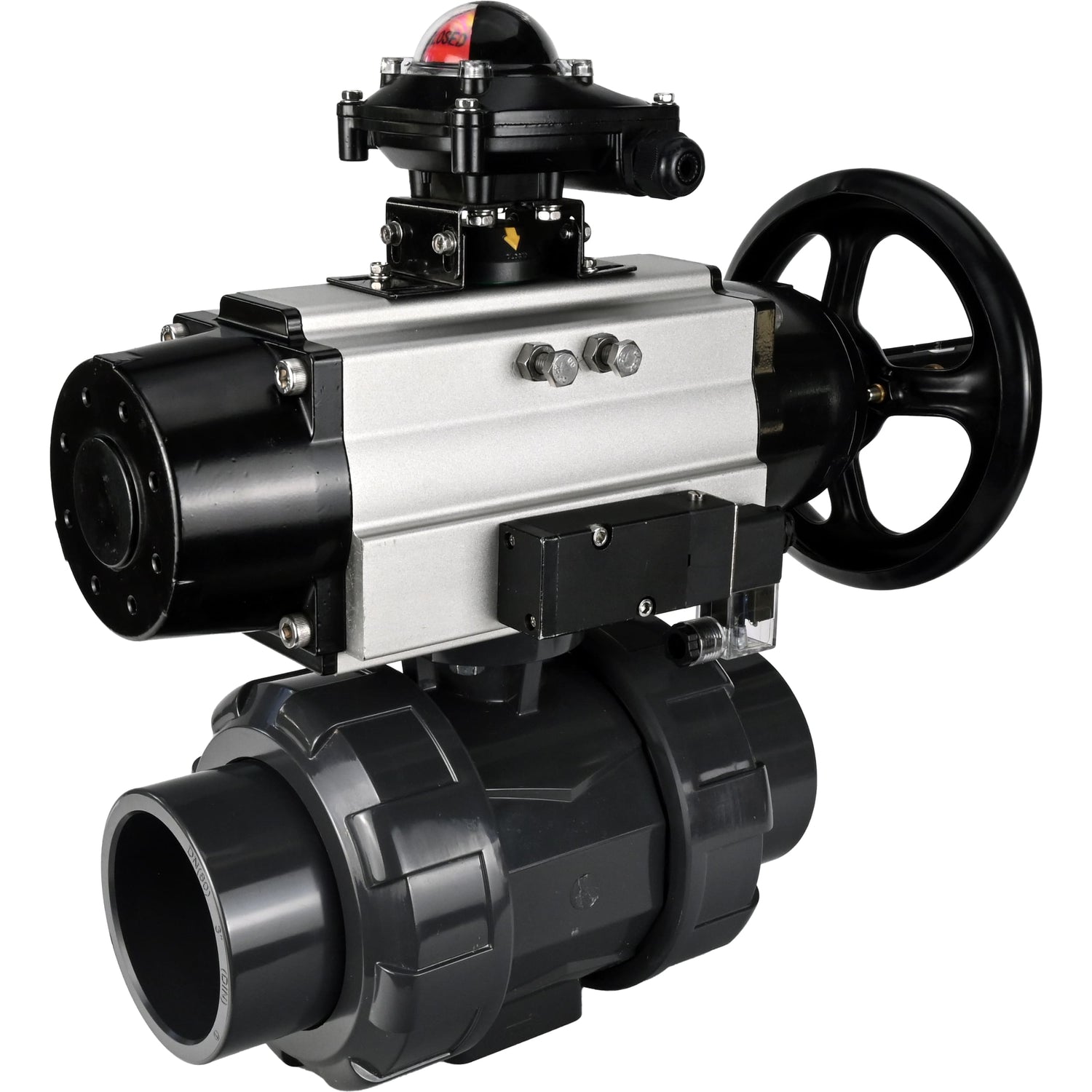 Ball valves Elephant BV4242E-FP-GRM-ISO, body material - UPVC, ball material - UPVC, seal - EPDM, with pneumatic actuator double action PA-DA-105-1, pneumatic distributor 4M310-08 24V and LSU APL-210N
