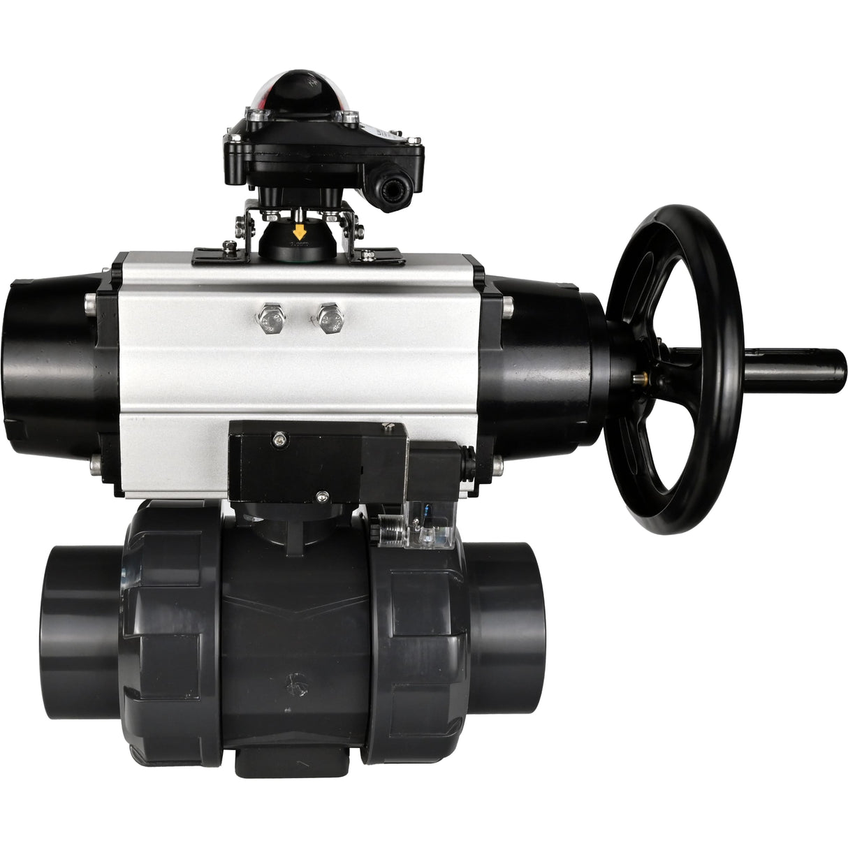 Ball valves Elephant BV4242E-FP-GRM-ISO, body material - UPVC, ball material - UPVC, seal - EPDM, with pneumatic actuator double action PA-DA-105-1, pneumatic distributor 4M310-08 24V and LSU APL-210N