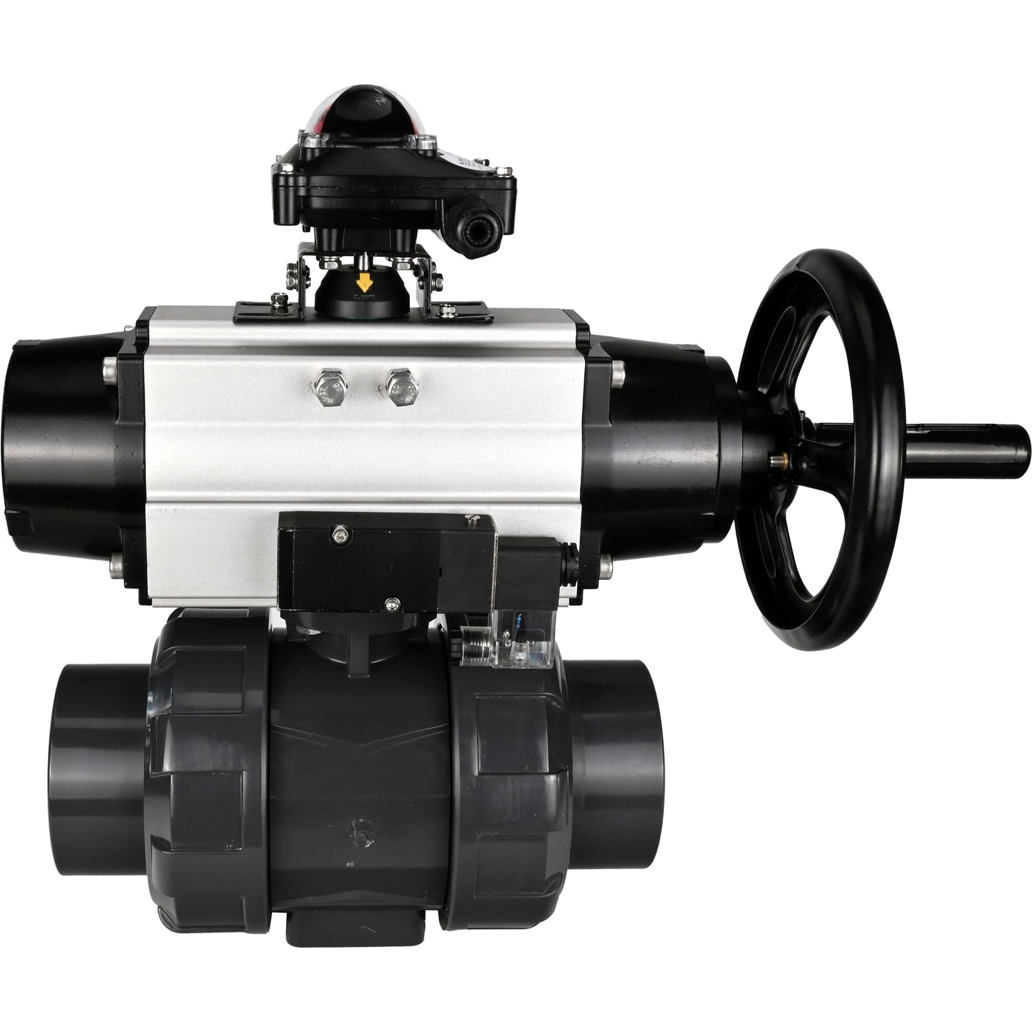 Ball valves Elephant BV4242E-FP-GRM-ISO, body material - UPVC, ball material - UPVC, seal - EPDM, with pneumatic actuator double action PA-DA-105-1, pneumatic distributor 4M310-08 24V and LSU APL-210N