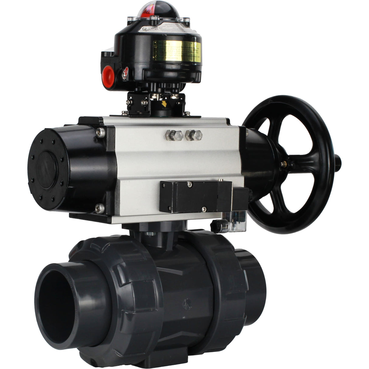 Ball valves Elephant BV4242E-FP-GRM-ISO, body material - UPVC, ball material - UPVC, seal - EPDM, with pneumatic actuator double action PA-DA-105-1, pneumatic distributor 4M310-08 220V and LSU APL-510N EX