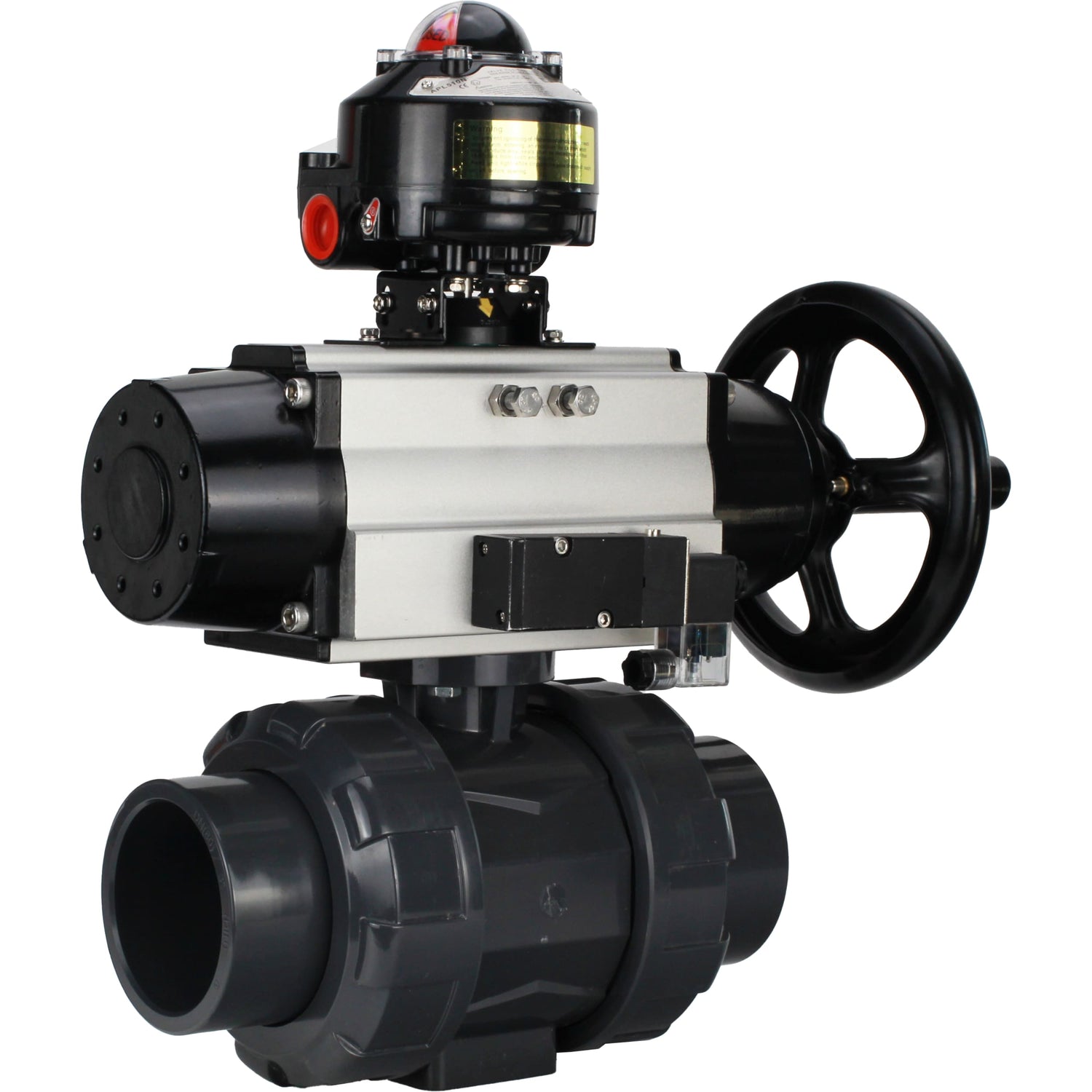 Ball valves Elephant BV4242E-FP-GRM-ISO, body material - UPVC, ball material - UPVC, seal - EPDM, with pneumatic actuator double action PA-DA-105-1, pneumatic distributor 4M310-08 220V and LSU APL-510N EX