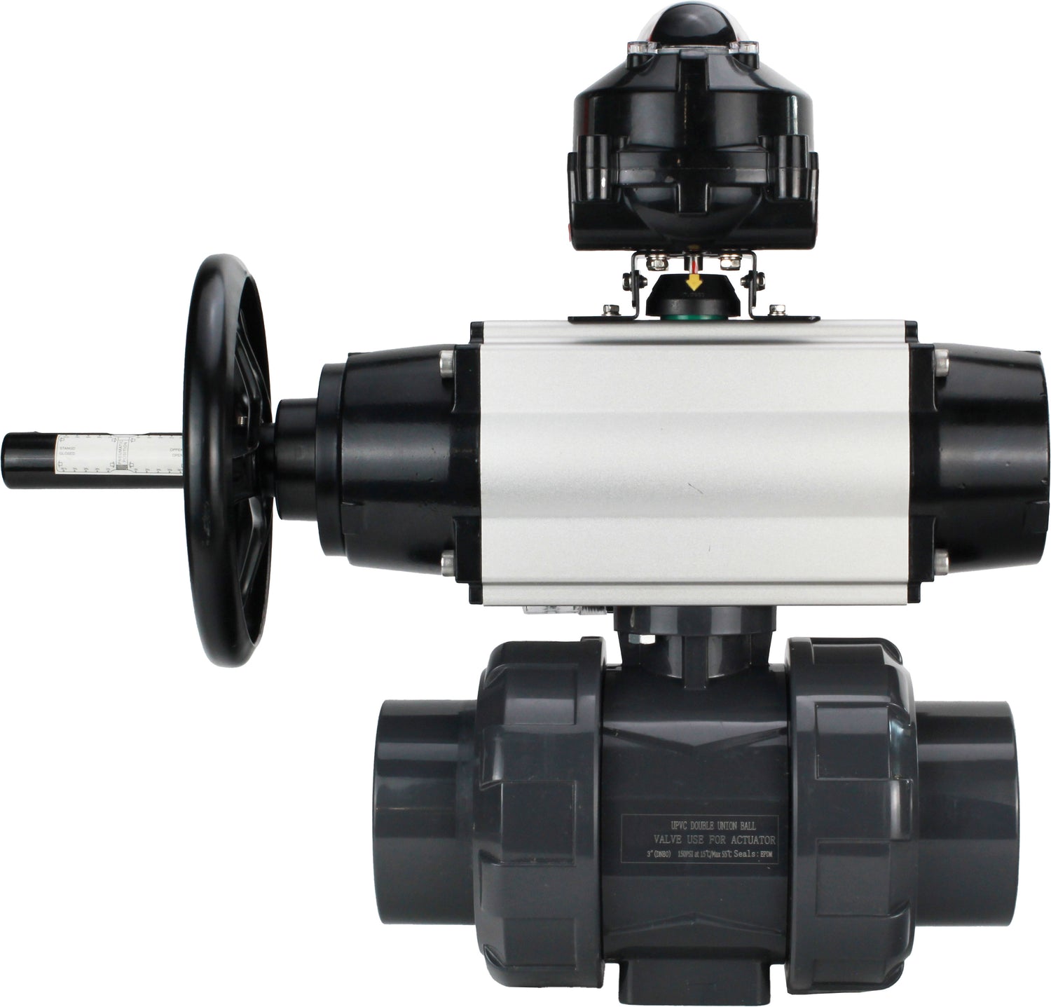 Ball valves Elephant BV4242E-FP-GRM-ISO, body material - UPVC, ball material - UPVC, seal - EPDM, with pneumatic actuator double action PA-DA-105-1, pneumatic distributor 4M310-08 220V and LSU APL-510N EX