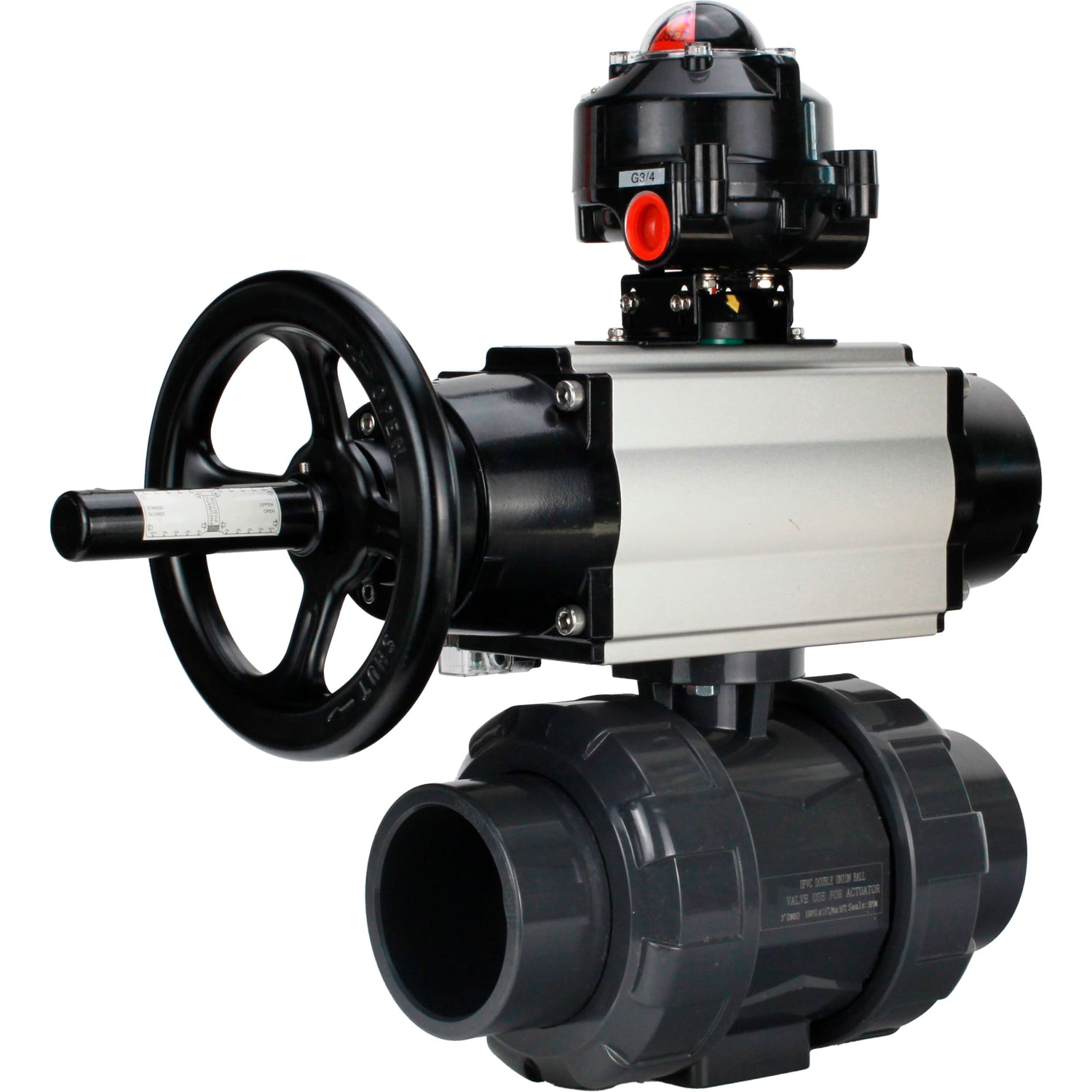 Ball valves Elephant BV4242E-FP-GRM-ISO, body material - UPVC, ball material - UPVC, seal - EPDM, with pneumatic actuator double action PA-DA-105-1, pneumatic distributor 4M310-08 220V and LSU APL-510N EX