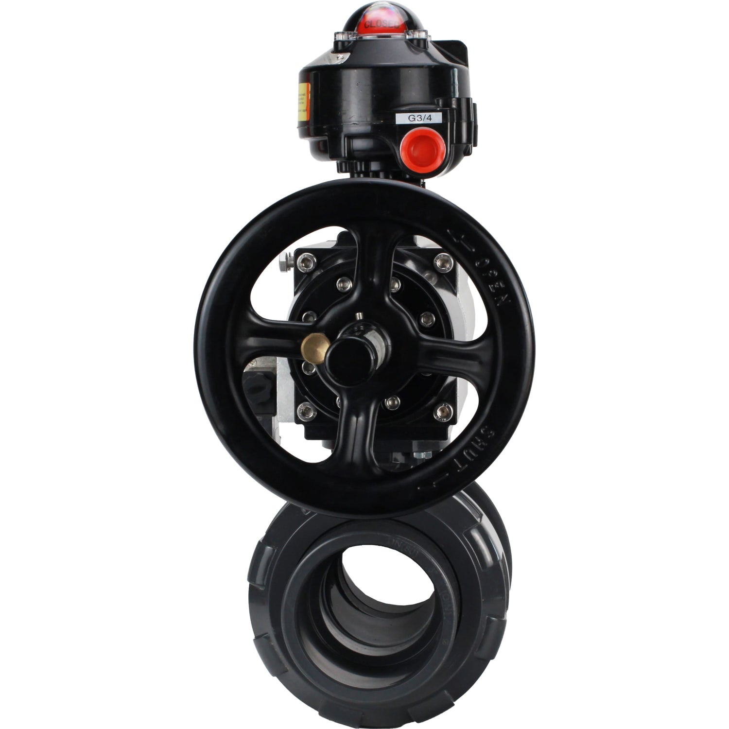 Ball valves Elephant BV4242E-FP-GRM-ISO, body material - UPVC, ball material - UPVC, seal - EPDM, with pneumatic actuator double action PA-DA-105-1, pneumatic distributor 4M310-08 220V and LSU APL-510N EX