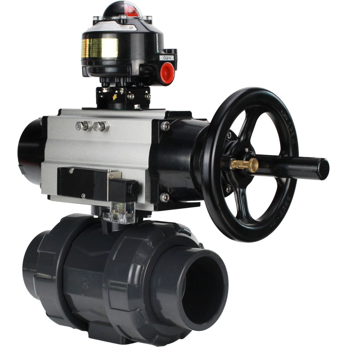 Ball valves Elephant BV4242E-FP-GRM-ISO, body material - UPVC, ball material - UPVC, seal - EPDM, with pneumatic actuator double action PA-DA-105-1, pneumatic distributor 4M310-08 220V and LSU APL-510N EX