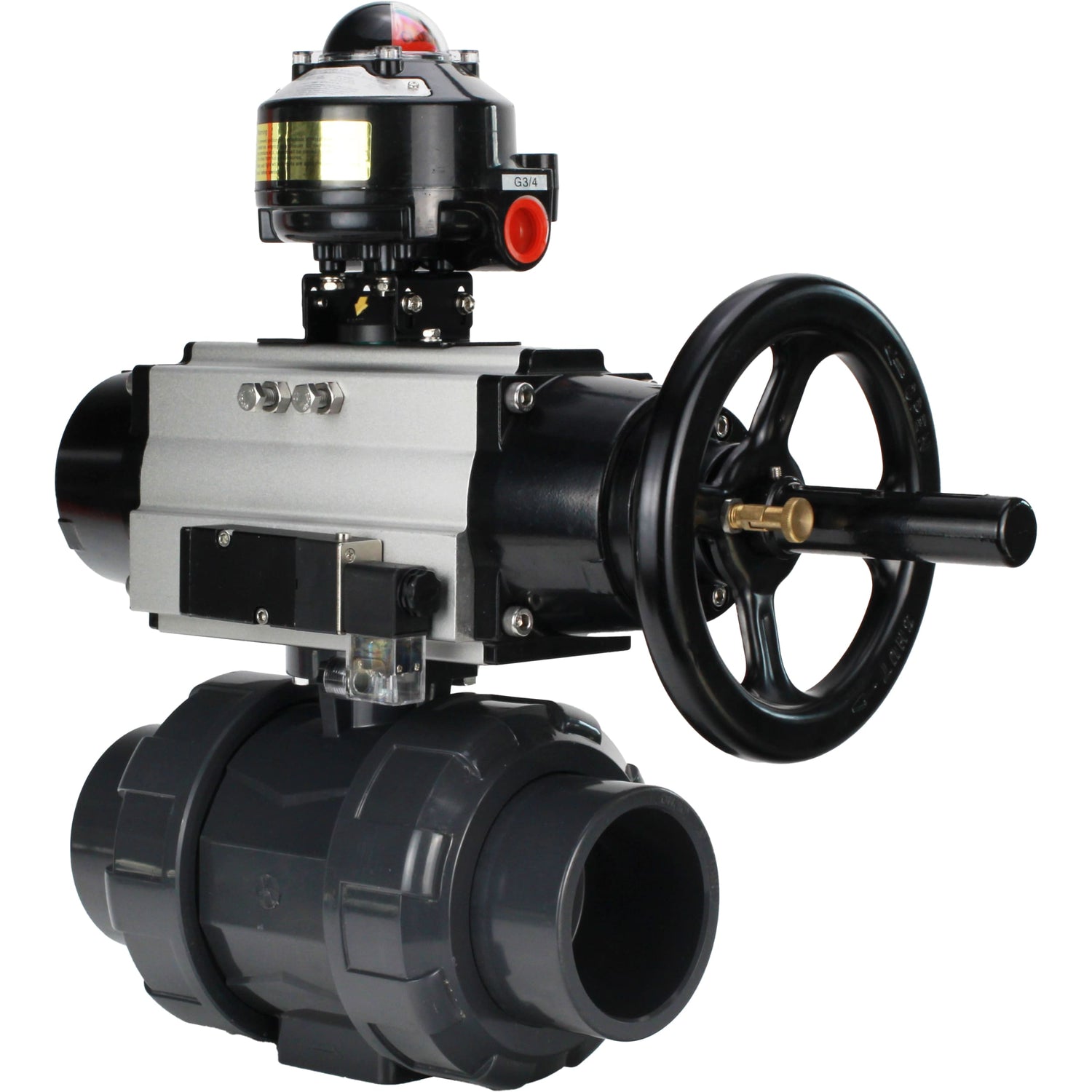 Ball valves Elephant BV4242E-FP-GRM-ISO, body material - UPVC, ball material - UPVC, seal - EPDM, with pneumatic actuator double action PA-DA-105-1, pneumatic distributor 4M310-08 220V and LSU APL-510N EX
