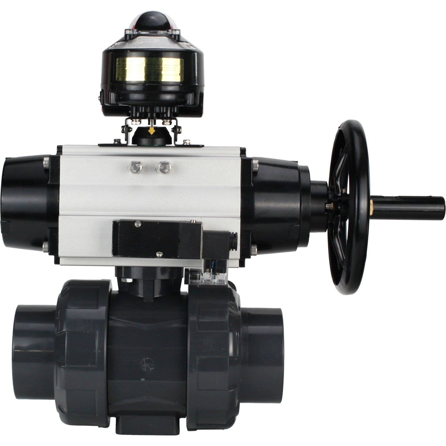Ball valves Elephant BV4242E-FP-GRM-ISO, body material - UPVC, ball material - UPVC, seal - EPDM, with pneumatic actuator double action PA-DA-105-1, pneumatic distributor 4M310-08 220V and LSU APL-510N EX