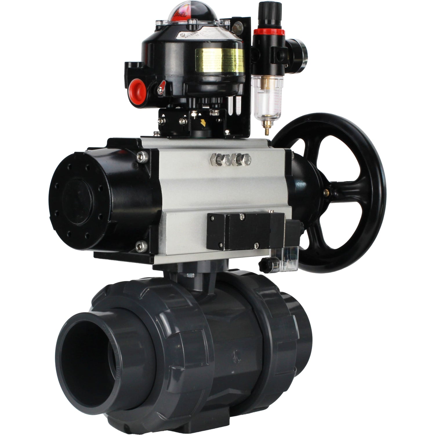 Ball valves Elephant BV4242E-FP-GRM-ISO, body material - UPVC, ball material - UPVC, seal - EPDM, with pneumatic actuator double action PA-DA-105-1, pneumatic distributor 4M310-08 220V, LSU APL-510N EX and ATU AFC2000