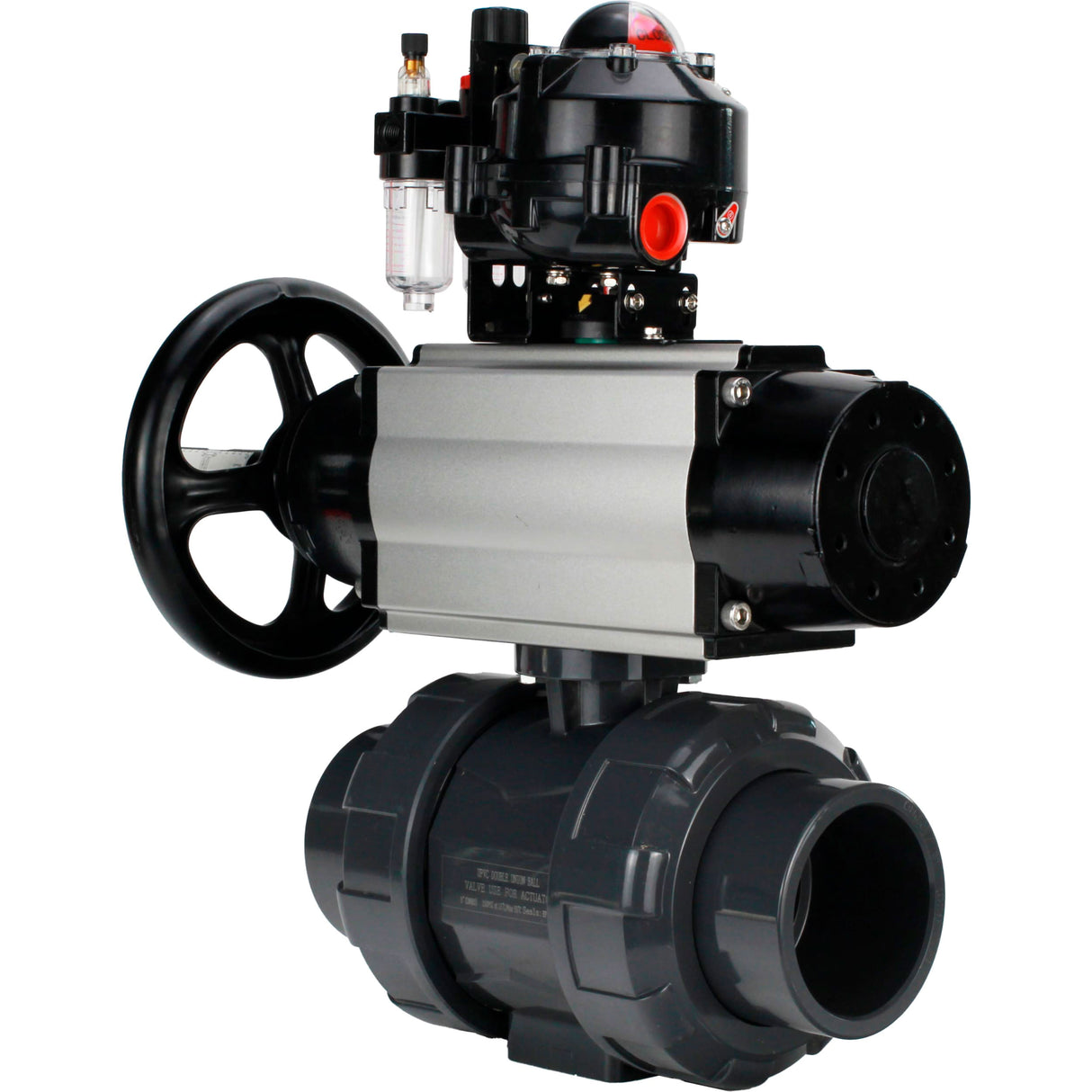 Ball valves Elephant BV4242E-FP-GRM-ISO, body material - UPVC, ball material - UPVC, seal - EPDM, with pneumatic actuator double action PA-DA-105-1, pneumatic distributor 4M310-08 220V, LSU APL-510N EX and ATU AFC2000
