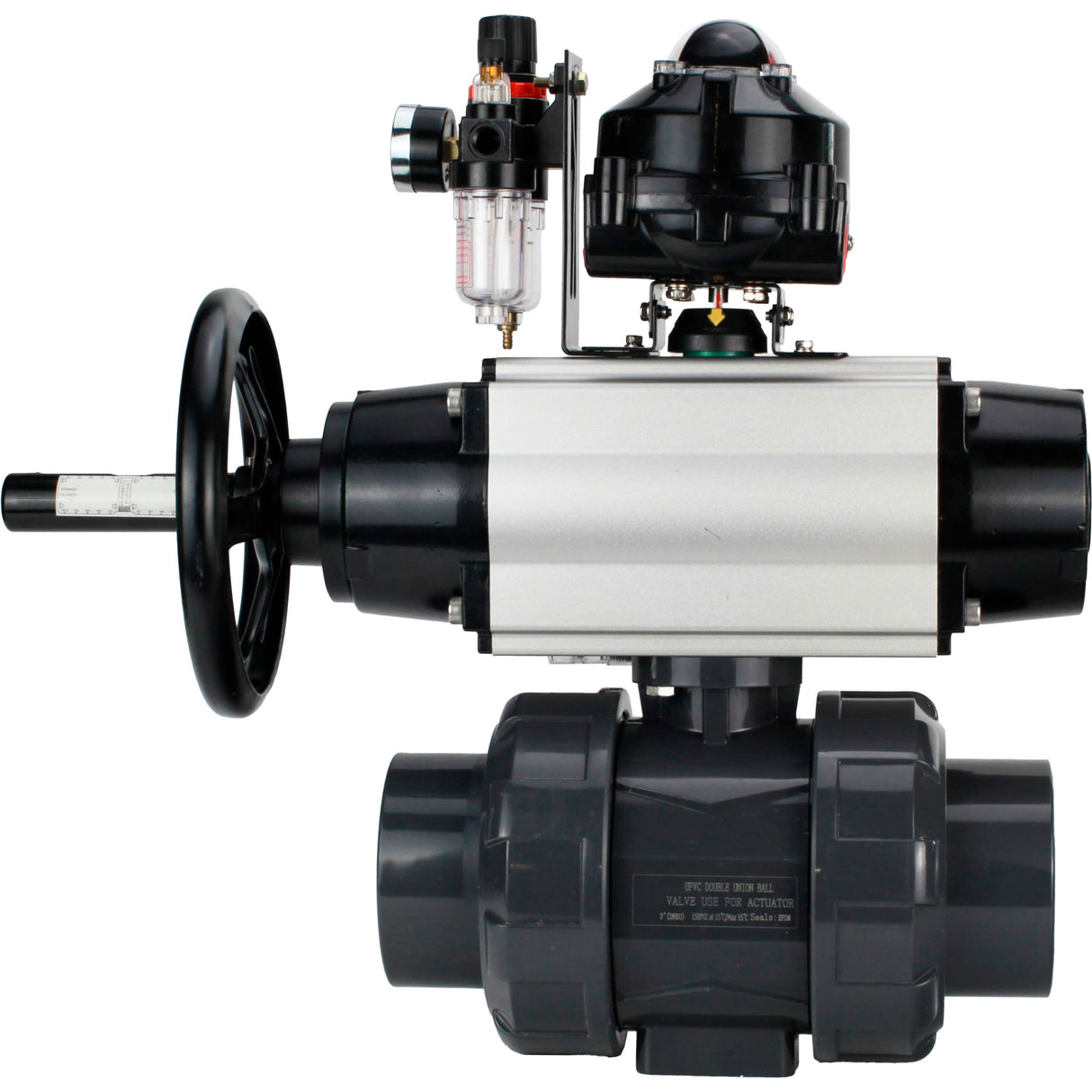 Ball valves Elephant BV4242E-FP-GRM-ISO, body material - UPVC, ball material - UPVC, seal - EPDM, with pneumatic actuator double action PA-DA-105-1, pneumatic distributor 4M310-08 220V, LSU APL-510N EX and ATU AFC2000
