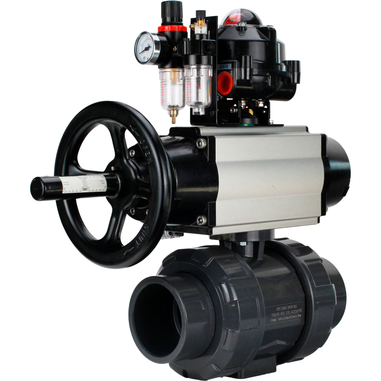 Ball valves Elephant BV4242E-FP-GRM-ISO, body material - UPVC, ball material - UPVC, seal - EPDM, with pneumatic actuator double action PA-DA-105-1, pneumatic distributor 4M310-08 220V, LSU APL-510N EX and ATU AFC2000