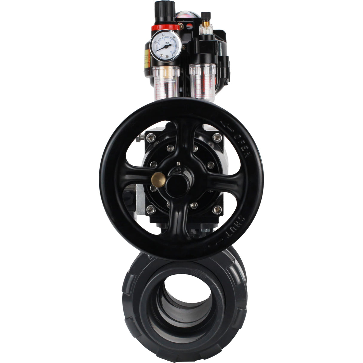 Ball valves Elephant BV4242E-FP-GRM-ISO, body material - UPVC, ball material - UPVC, seal - EPDM, with pneumatic actuator double action PA-DA-105-1, pneumatic distributor 4M310-08 220V, LSU APL-510N EX and ATU AFC2000