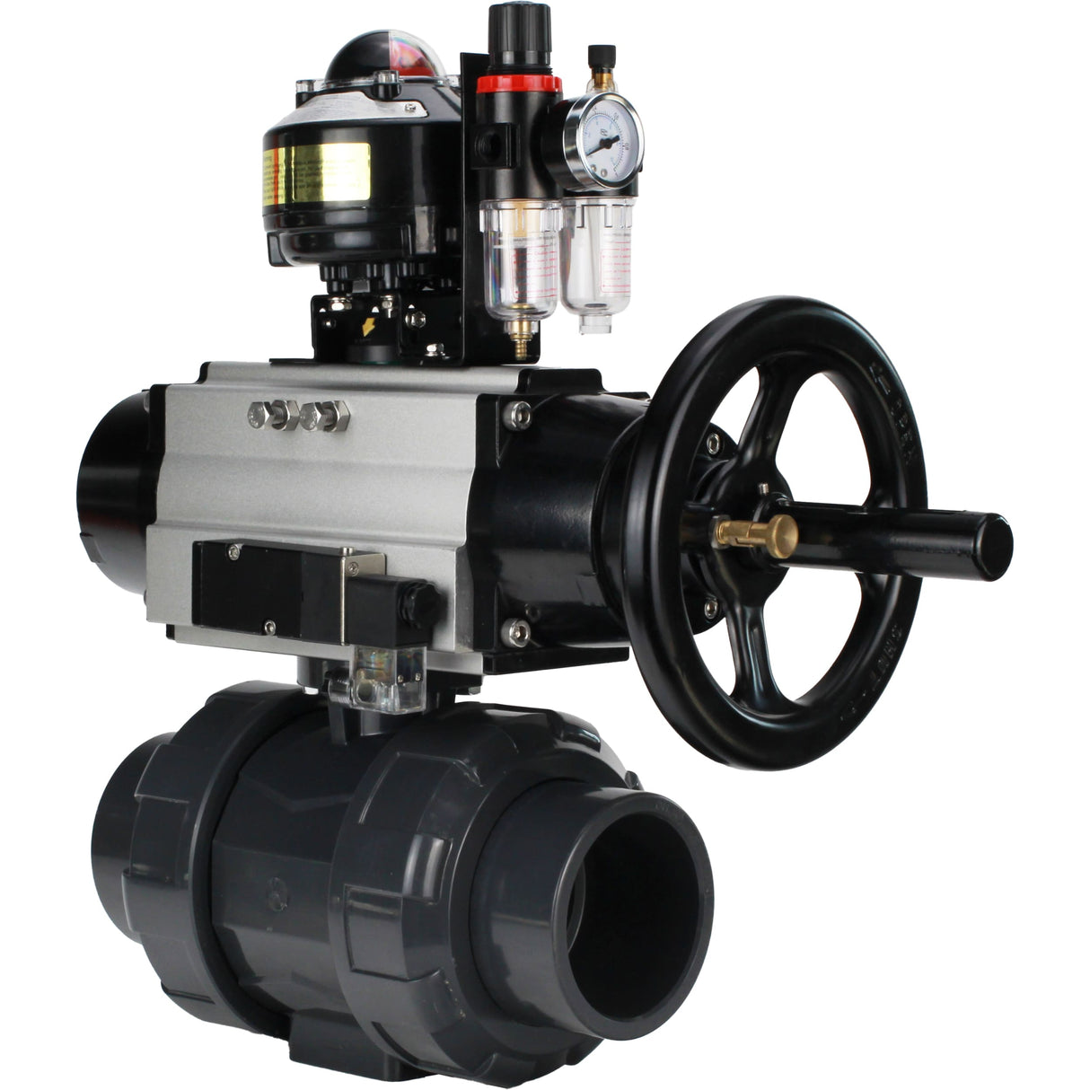 Ball valves Elephant BV4242E-FP-GRM-ISO, body material - UPVC, ball material - UPVC, seal - EPDM, with pneumatic actuator double action PA-DA-105-1, pneumatic distributor 4M310-08 220V, LSU APL-510N EX and ATU AFC2000